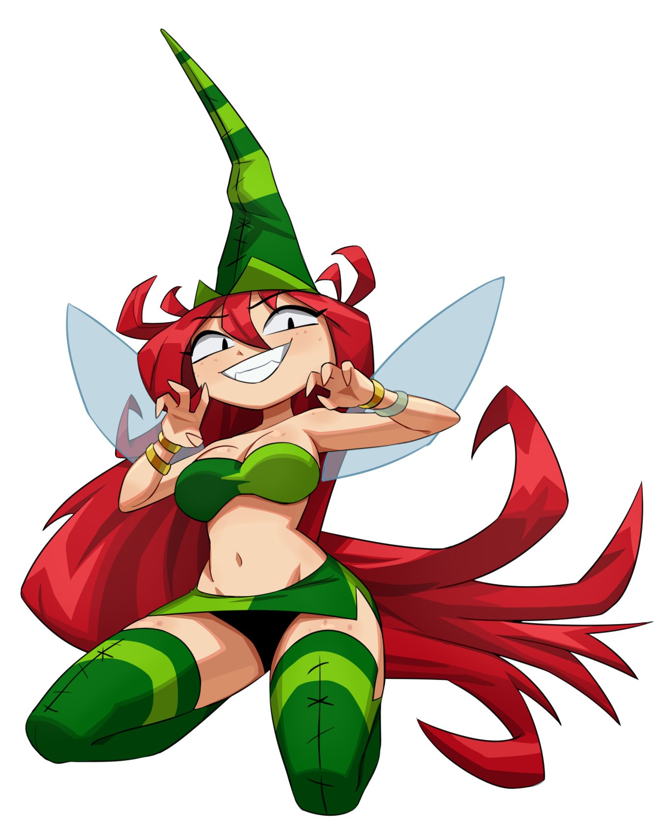 1girls bare_midriff betilla_(rayman) bracelet breasts cleavage fairy fairy_wings female flowerpigeon73 freckles hat kneeling long_red_hair looking_at_viewer miniskirt navel nymph_(rayman) pointed_hat rayman_(series) rayman_origins red_hair skirt smile solo thighhighs thighs ubisoft upskirt white_background wings