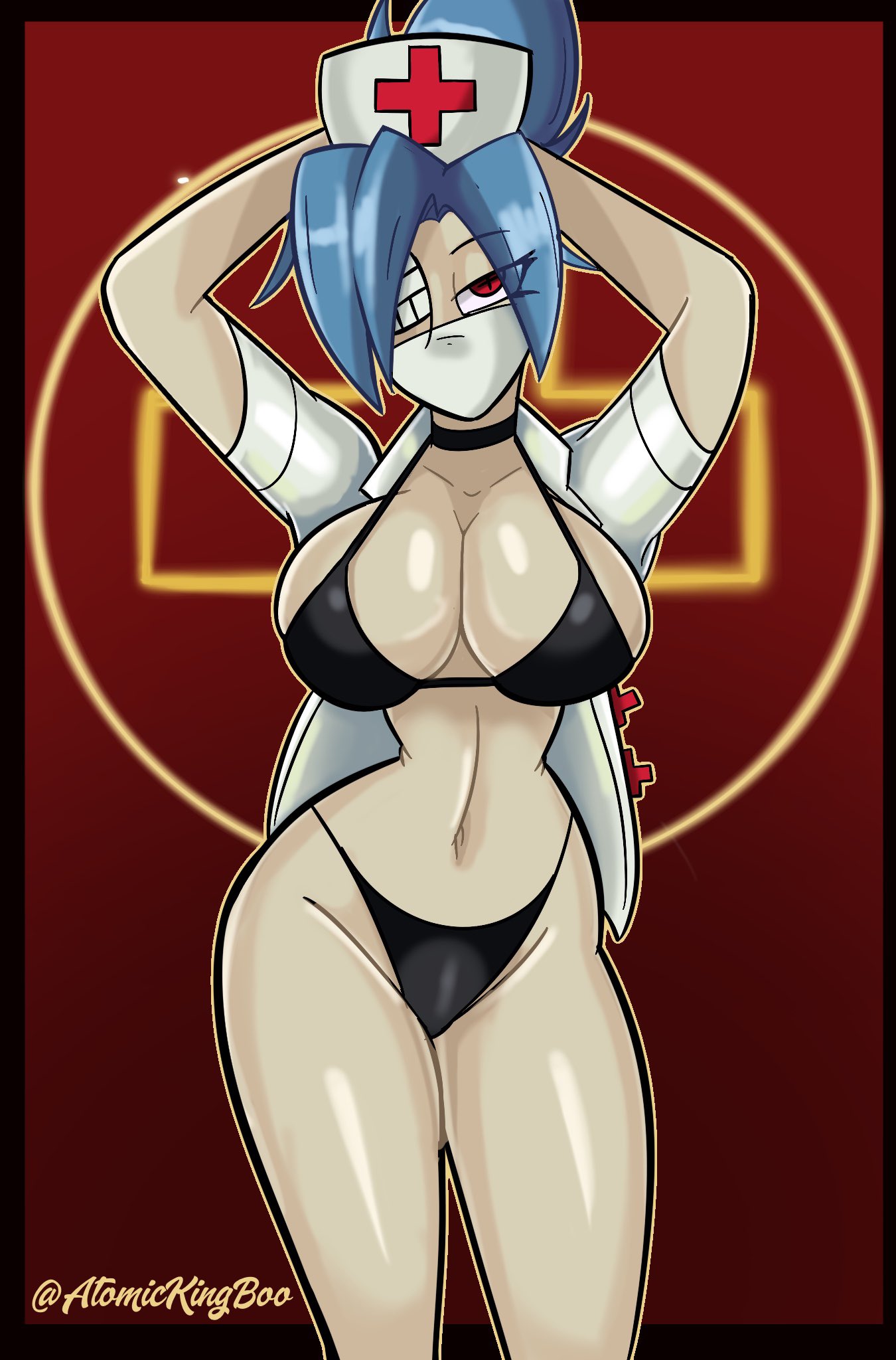 1girls, 2021, ass, atomickingboo, big ass, big breasts, bikini, black bikini, blue hair, bra, breasts, clothed, clothing, eyepatch, face mask, female, female only, hand on head, hands behind head, hips, hourglass figure, light skin, light-skinned female, looking at viewer, mask, nurse, nurse cap, nurse uniform, pale skin, pale-skinned female, panties, partially clothed, partially clothed female, partially nude, skullgirls, solo, valentine (skullgirls), wide hips