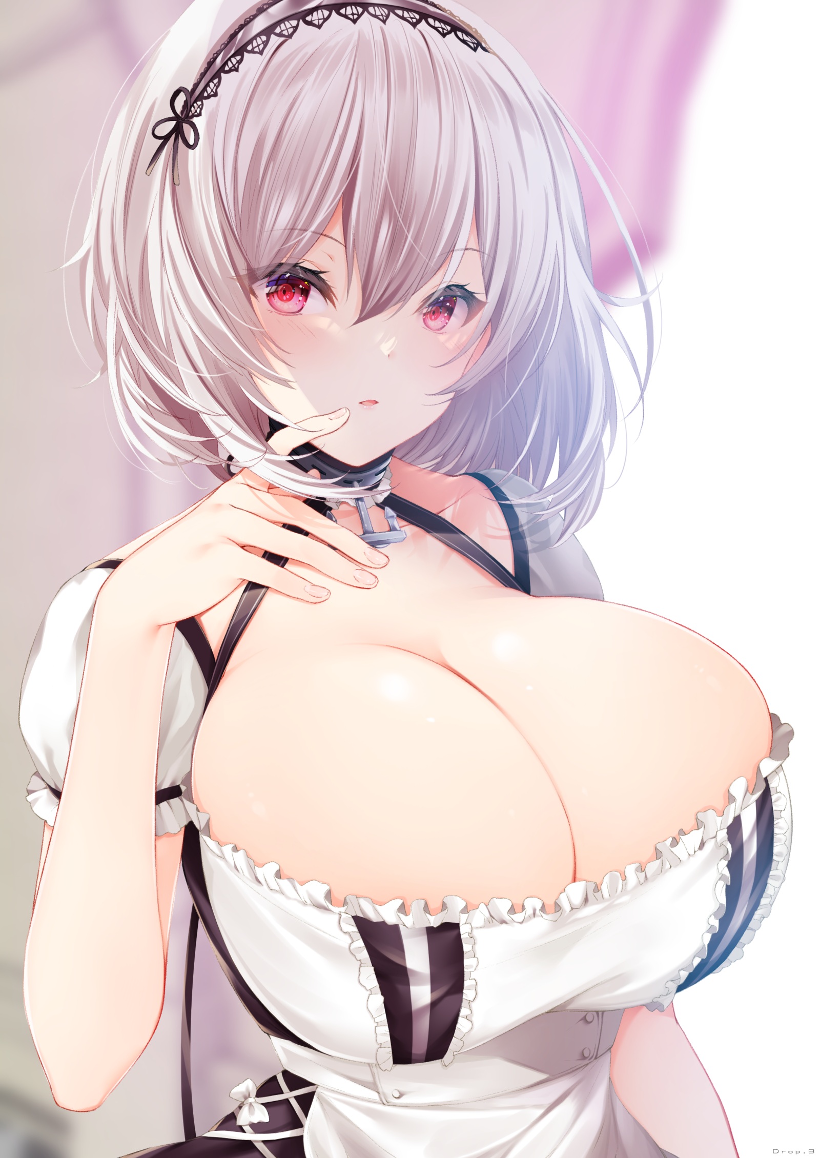 1girls, azur lane, blurry background, breasts, cleavage, drop.b, female, hair ornament, huge breasts, large breasts, looking at viewer, maid, no bra, red eyes, short hair, silver hair, sirius (azur lane), solo