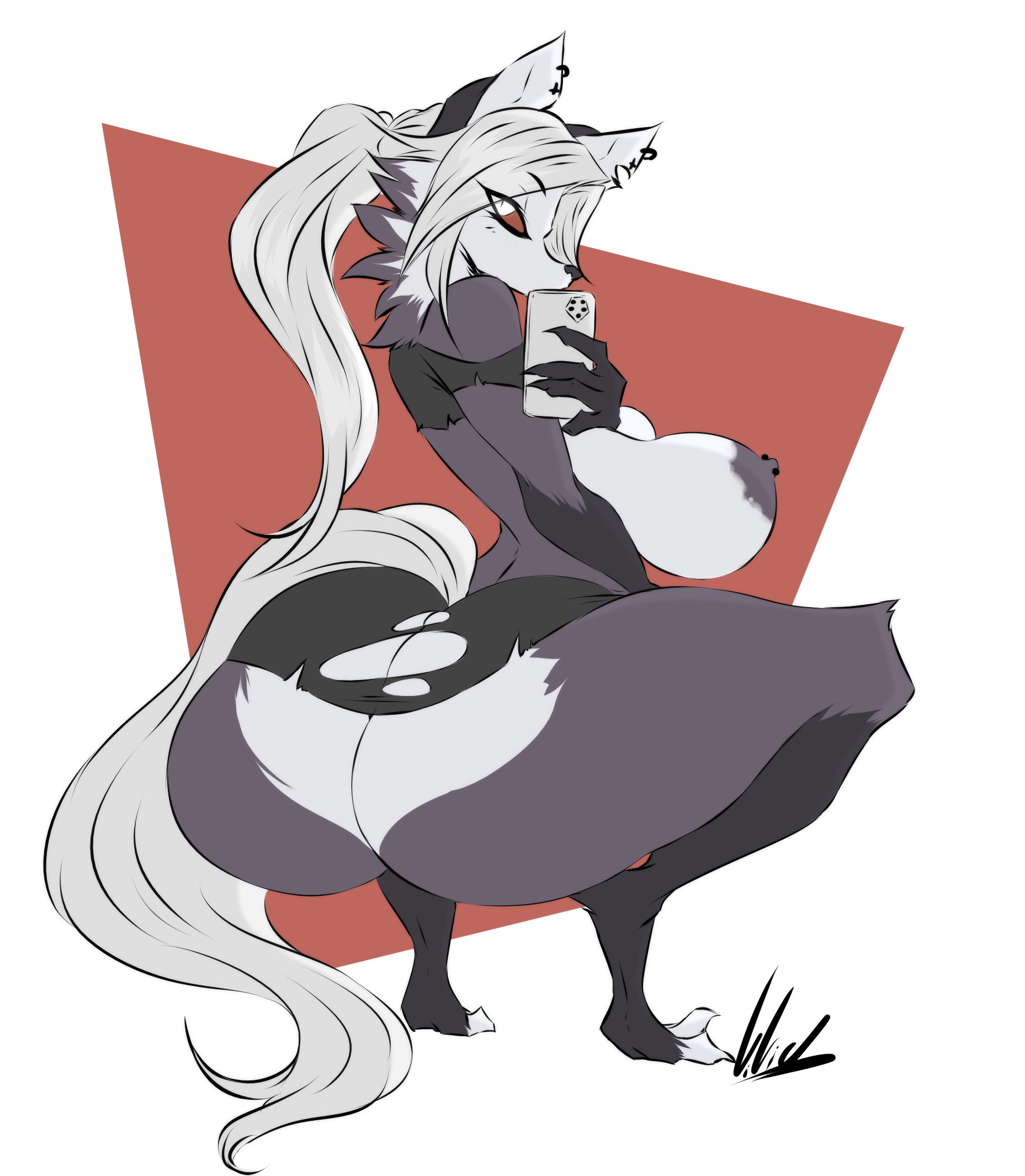 ass, big ass, big breasts, breasts, bubble ass, bubble butt, canid, canid demon, clothed, clothing, dullvivid, female, fur, furry, furry only, hellhound, helluva boss, huge ass, looking back, loona (helluva boss), red sclera, solo, tagme, tail, thick thighs