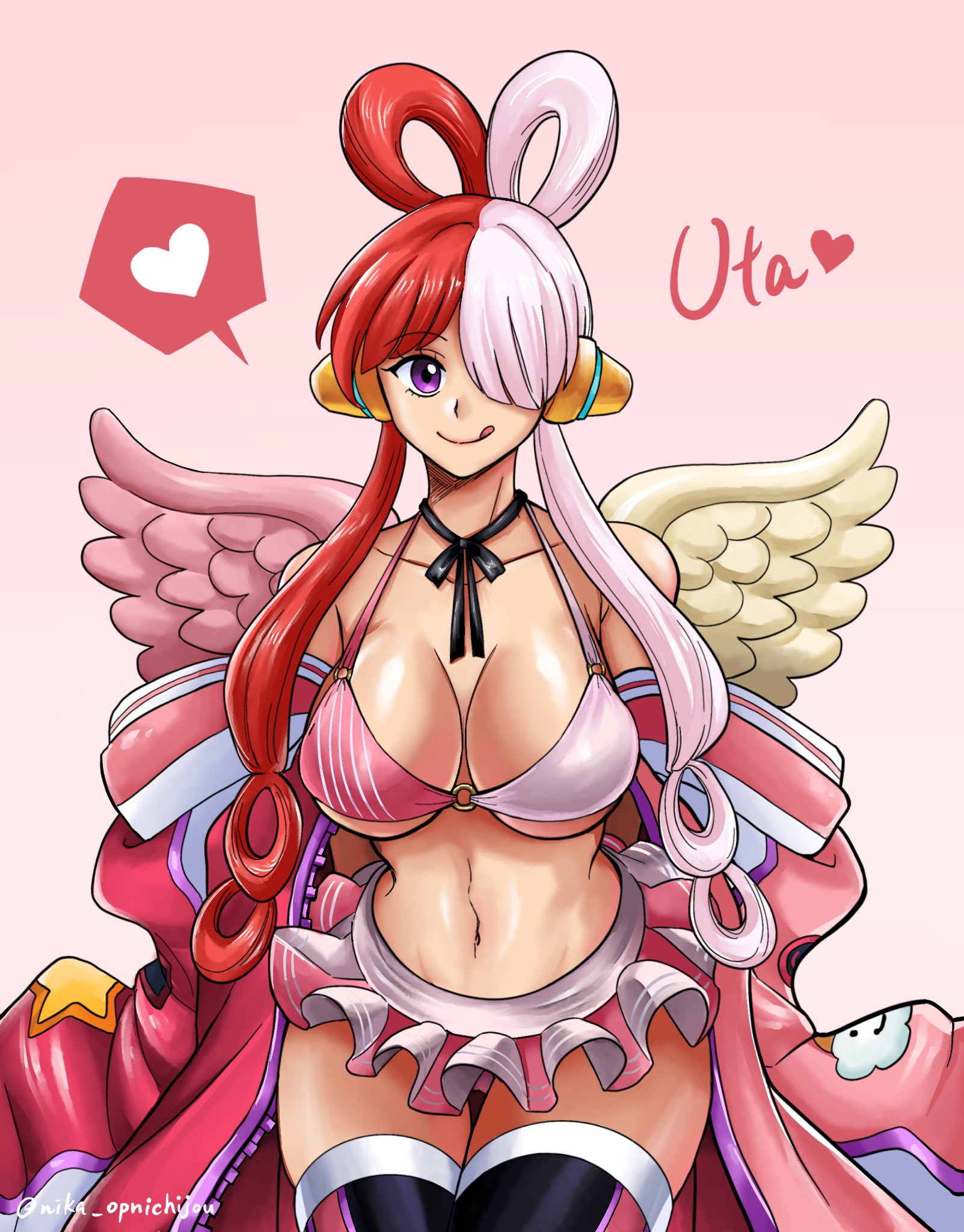 1girls, big breasts, bikini top, breasts, busty, cleavage, curvy, female, female only, hair over one eye, jacket, long hair, nika opnichijou, one eye obstructed, one piece, one piece film red, purple eyes, red hair, red-haired female, short skirt, skimpy, skimpy clothes, skirt, solo, spoken heart, thighhighs, tongue, tongue out, two-tone hair, uta (one piece), voluptuous, white hair, white-haired female, wings