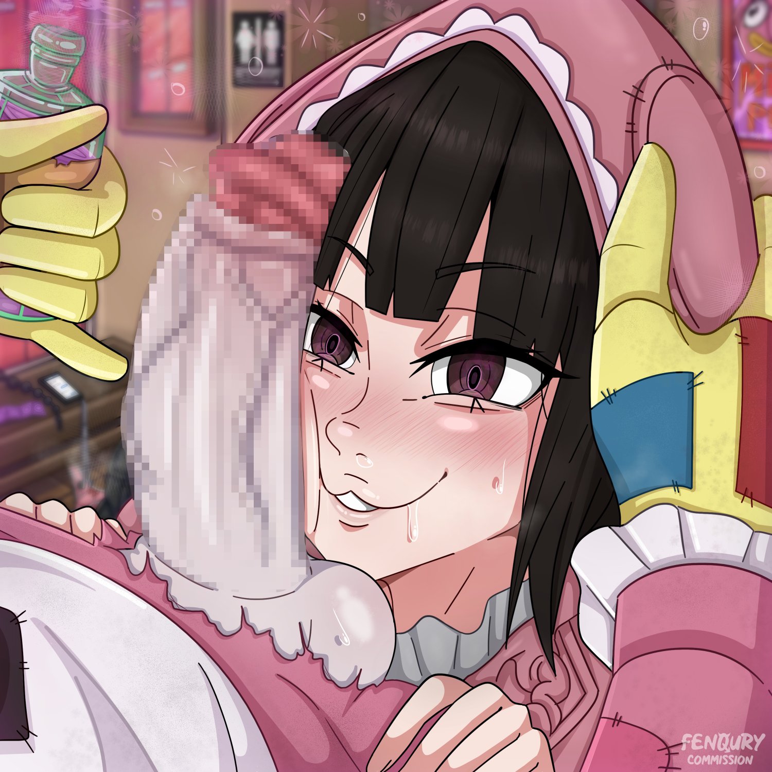 1boy, 1girls, 2d, alternate version available, aphrodisiac, aroused, aroused smile, big penis, bunny ears, censored penis, coat, comic, dbd, dead by daylight, drugged, drugs, female, feng min, fenqury, holding head, horny, imminent sex, male, mr. puddles, penis, penis on face, questionable consent, tagme, the clown, veiny penis