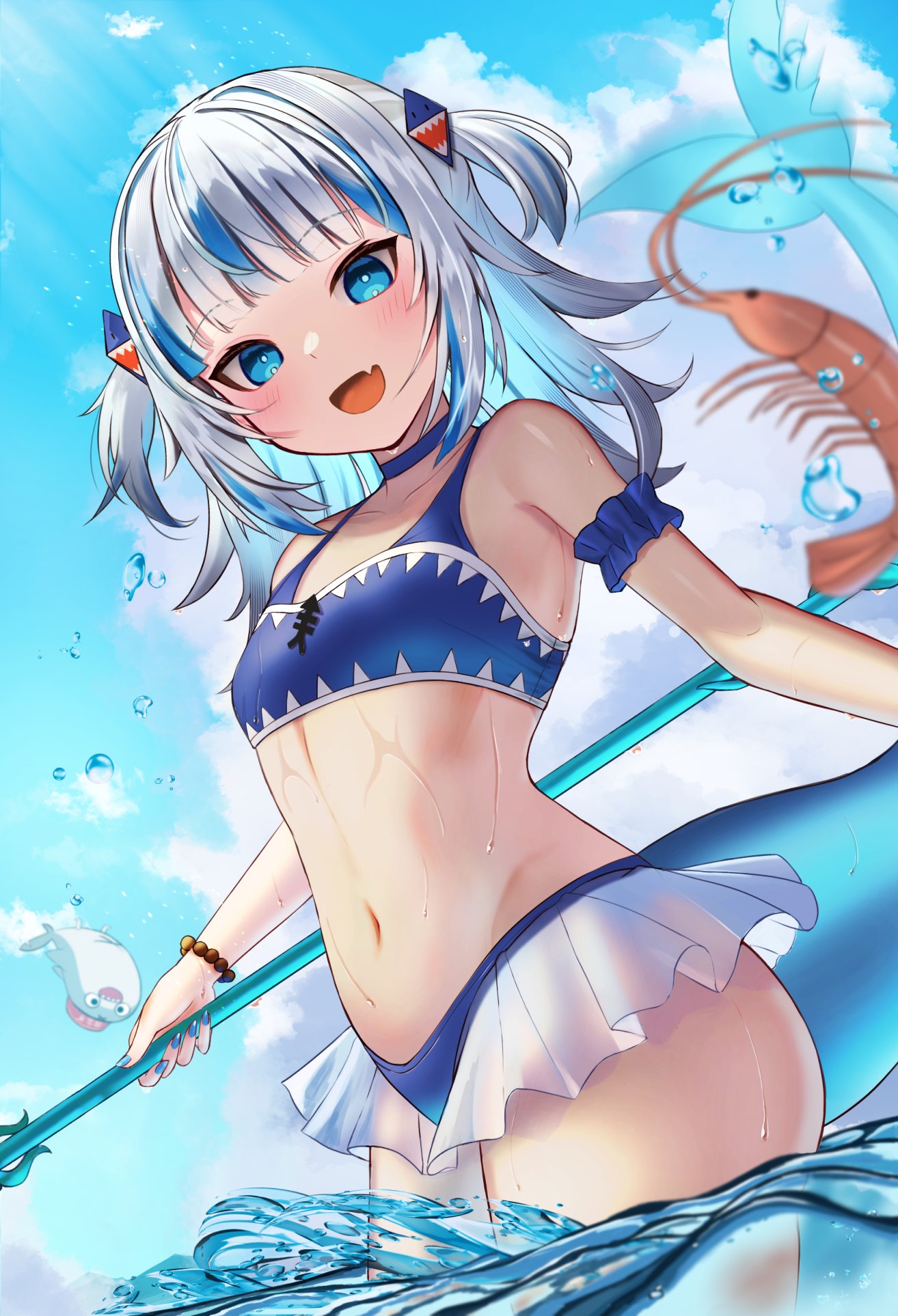 ambercrown, armband, bikini, bikini bottom, bikini top, blue eyes, female, flat chest, frilled bikini, gawr gura, hololive, hololive english, hololive myth, inari (ambercrown), swimming pool, tagme, trident, two-tone hair, virtual youtuber, water