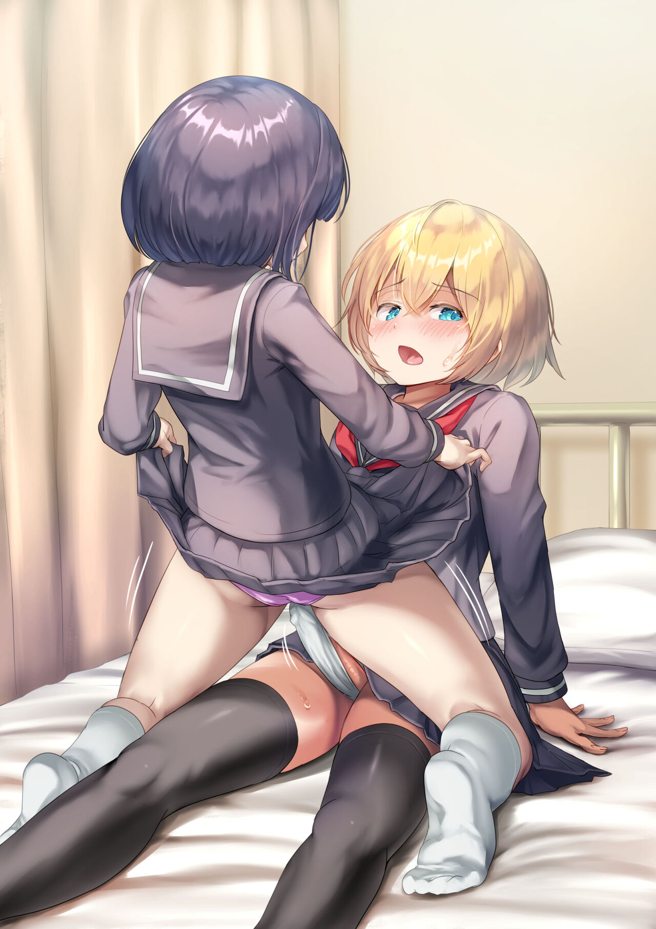 1futa, 1girls, ayanakitori, big penis, black hair, black legwear, black stockings, blonde hair, blue eyes, blush, bulge, clothed, clothing, duo, embarrassed, erection, erection in panties, erection under clothes, female, futa on female, futa sans balls, futanari, human, intersex, legwear, light skin, light-skinned female, light-skinned futa, mostly clothed, no penetration, panties, penis, rubbing, school uniform, schoolgirl, short hair, skirt, skirt lift, socks, stockings, sweat, tenting, thighhighs, through clothes, white socks