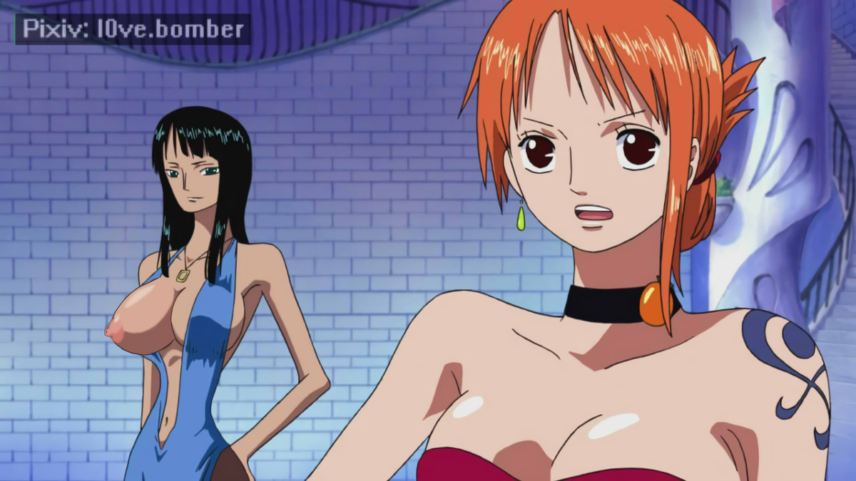 2girls, arm tattoo, big breasts, black hair, black-haired female, blue tattoo, breasts, choker, edit, edited, edited screencap, female, female only, l0ve.bomber, multiple females, multiple girls, nami (one piece), nico robin, nipples, nude, nude edit, nude female, nude filter, one breast out, one piece, orange hair, orange-haired female, photoshop, pre-timeskip, screen, screen capture, screen face, screencap, screenshot, screenshot edit, tattoo, tattoo on arm, tattooed arm, third-party edit, tights