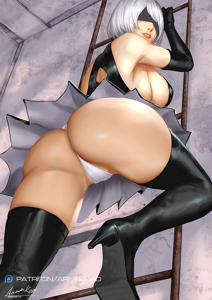 ariverkao, armpits, ass, blindfold, breasts, female, female focus, female only, light skin, light-skinned female, looking at viewer, looking back, nier, nier: automata, short hair, solo, solo female, tagme, thighs, thong, upskirt, voluptuous, white hair, white thong, yorha 2b