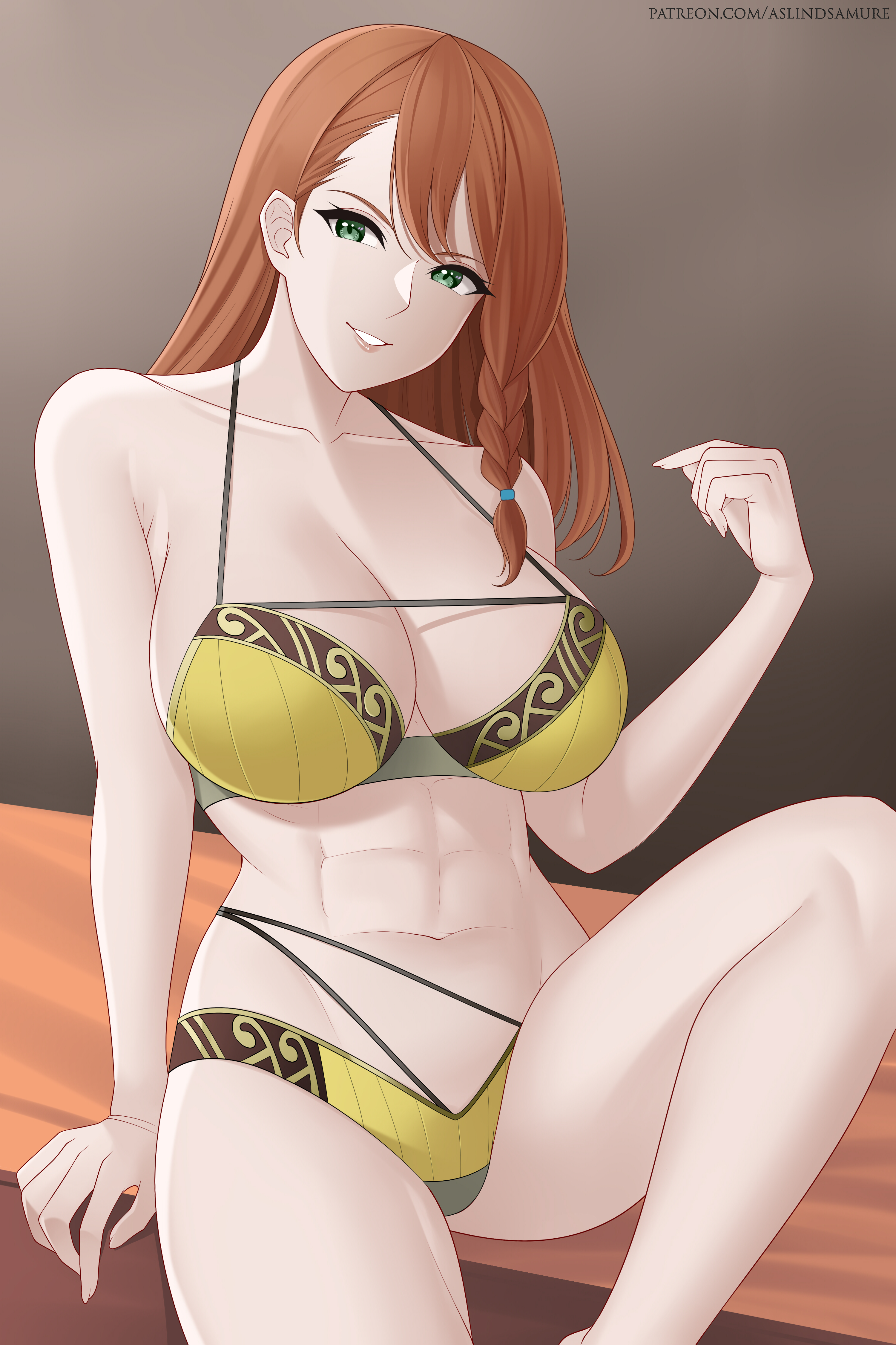 1girls, abs, aslindsamure, big breasts, bra, braid, braided hair, breasts, cleavage, collarbone, female, female focus, female only, fit, fit female, green eyes, leaning, leaning on hand, lingerie, looking at viewer, minayle, monster hunter, monster hunter rise, one leg up, panties, red hair, sitting, smile, smiling, smiling at viewer, solo, solo female, solo focus, straps