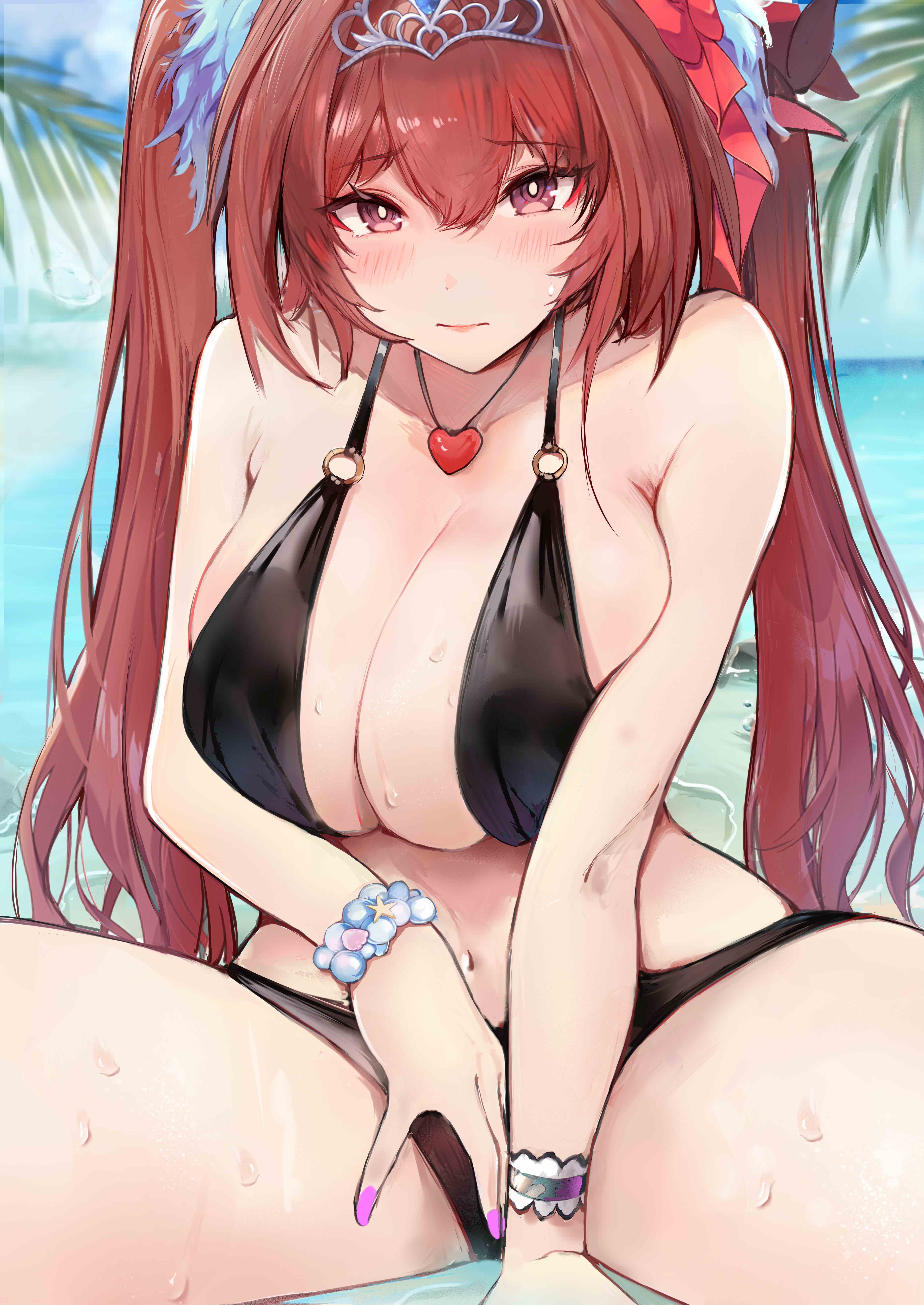 24sui, blush, bracelets, daiwa scarlet (umamusume), ears, female, horse girl, nails, swimsuit, umamusume, worried
