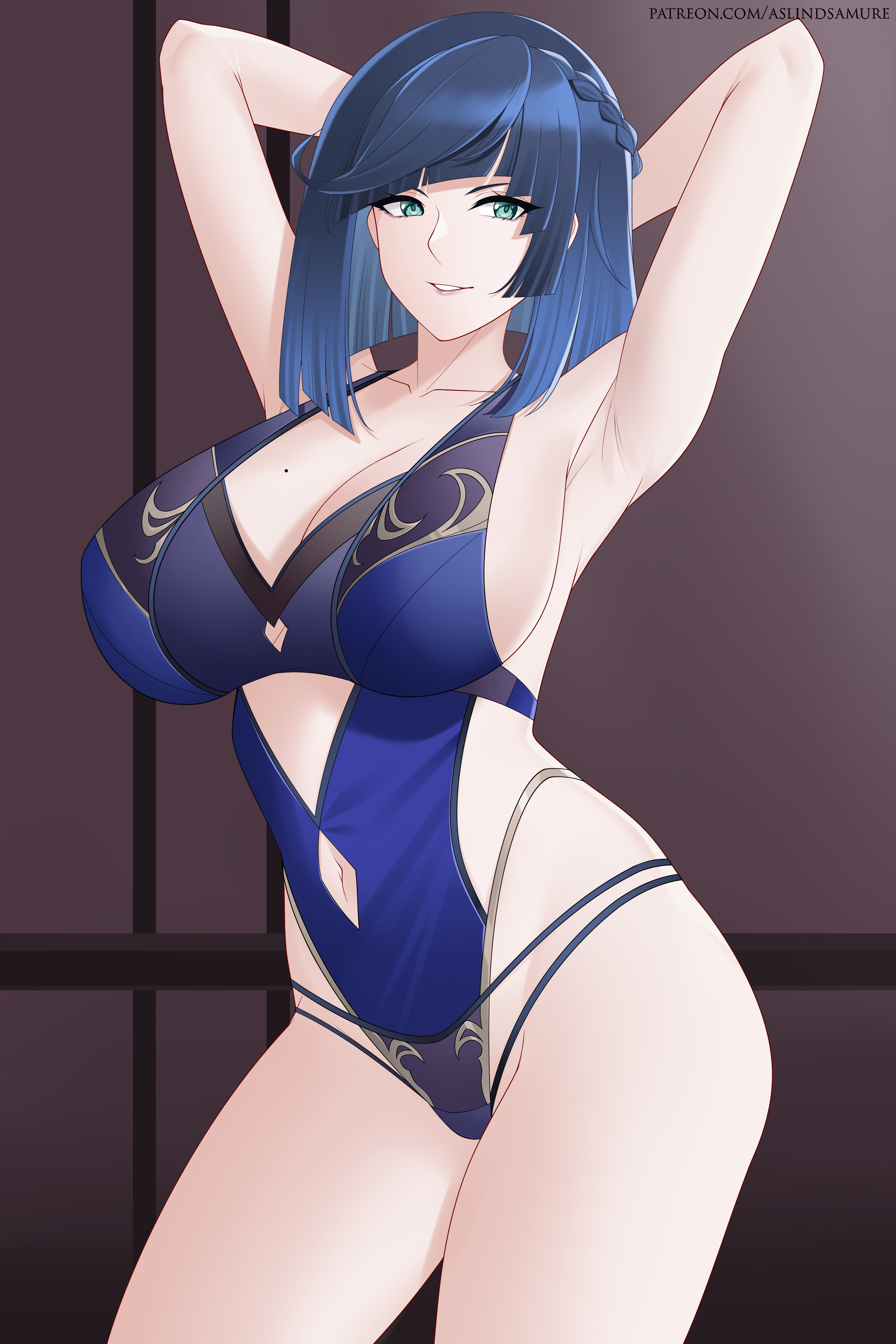 1girls, alternate version available, armpits, arms behind head, arms up, aslindsamure, bangs, beauty mark, big breasts, blue eyes, blue hair, breasts, cleavage, clothed, collarbone, female, female focus, female only, genshin impact, looking at viewer, navel cutout, one-piece swimsuit, short hair, sideboob, smile, smiling, smiling at viewer, solo, solo female, standing, swimsuit, yelan (genshin impact)