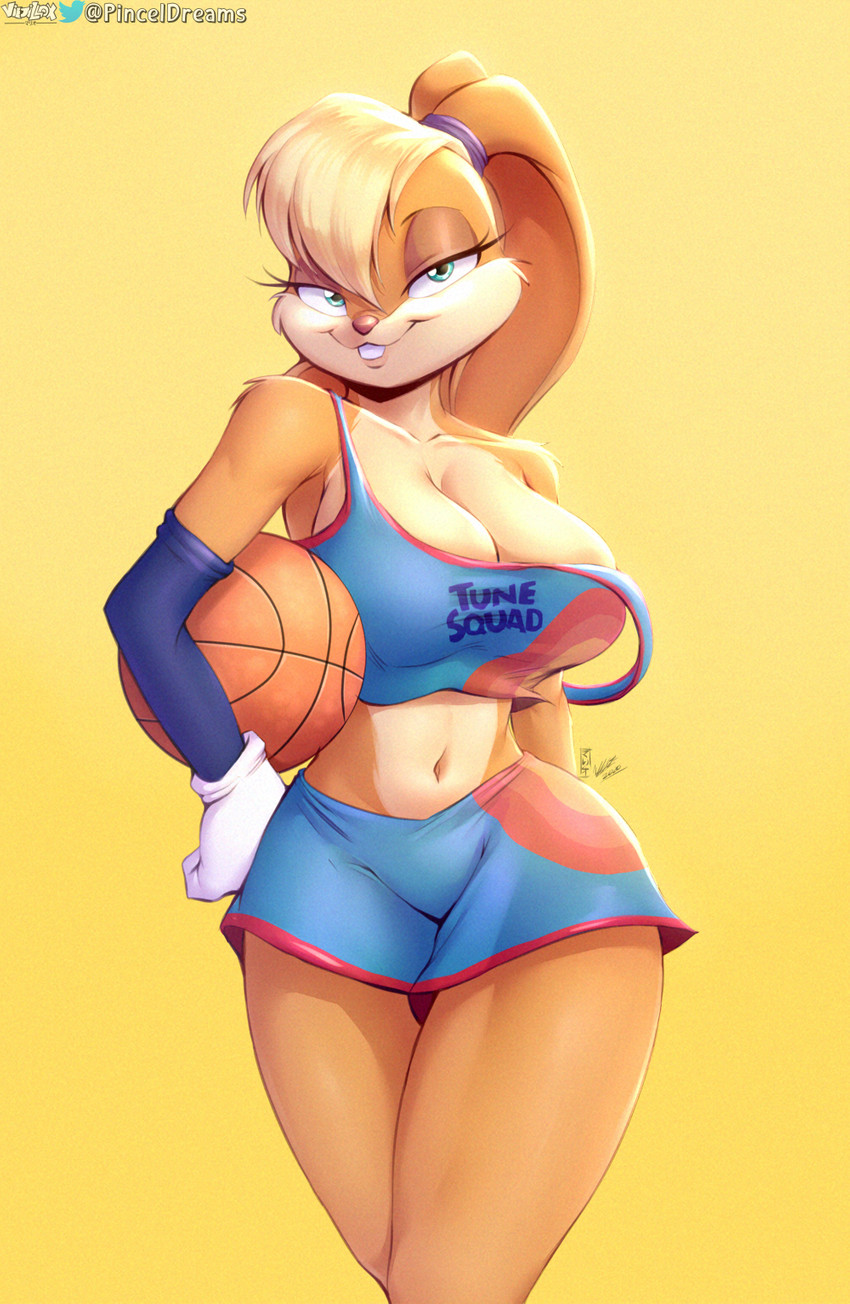 1girls basketball_uniform big_breasts busty cleavage furry green_eyes hand_on_hip large_breasts lola_bunny looking_at_viewer looney_tunes midriff navel pinceldreams seductive seductive_smile sensual shorts smile strap_slip tank_top viejillox