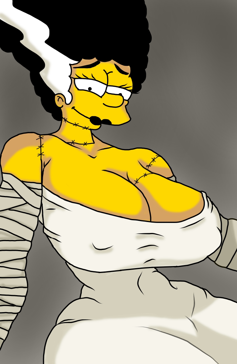 1girls big_breasts black_hair black_lipstick bride_of_frankenstein bride_of_frankenstein_hairdo cleavage cosplay crossover female female_only huge_breasts marge_simpson milf solo stitches the_simpsons unknown_artist