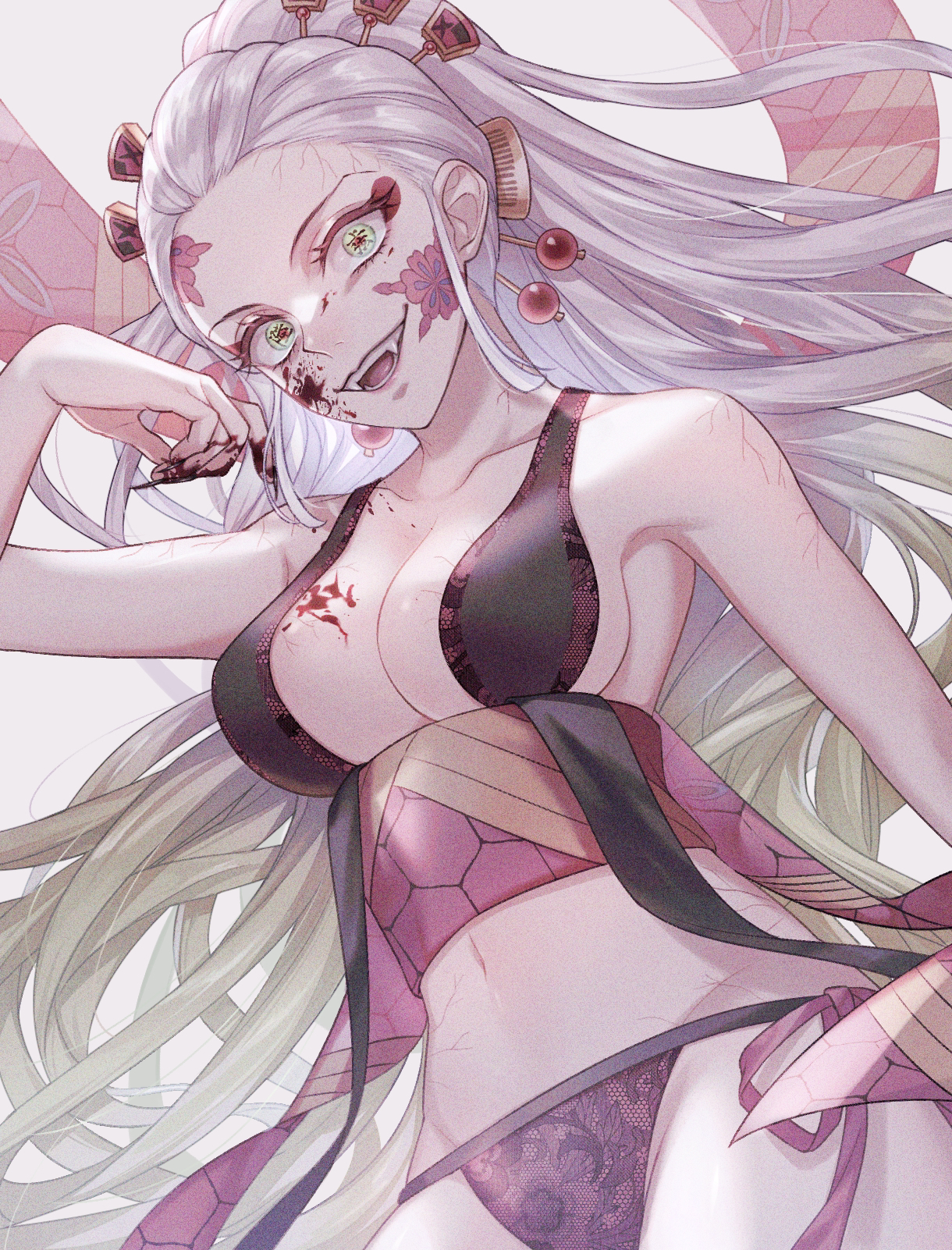 1girls, big breasts, blood, blood on face, breasts, cleavage, clenched teeth, crazy eyes, daki (kimetsu no yaiba), demon, demon girl, demon slayer, eyeshadow, facial markings, fangs, female, female only, green eyes, hair ornament, hourglass figure, kimetsu no yaiba, lace, lace panties, lingerie, long hair, looking at viewer, mouth open, niza 023, no sex, obi, open mouth, panties, sharp fingernails, side-tie panties, sideboob, smile, solo, solo female, two-tone hair, veins, very long hair, white hair, wide eyed