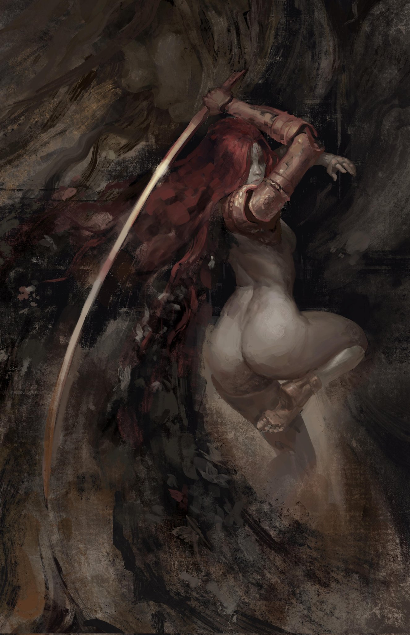 1girls, armor, artofjimip, ass, ass focus, big ass, casual nudity, elden ring, female, female only, fromsoftware, malenia blade of miquella, nude, nude female, painting (artwork), prosthetic, red hair, solo, solo female, sword, tasteful nudity, wings