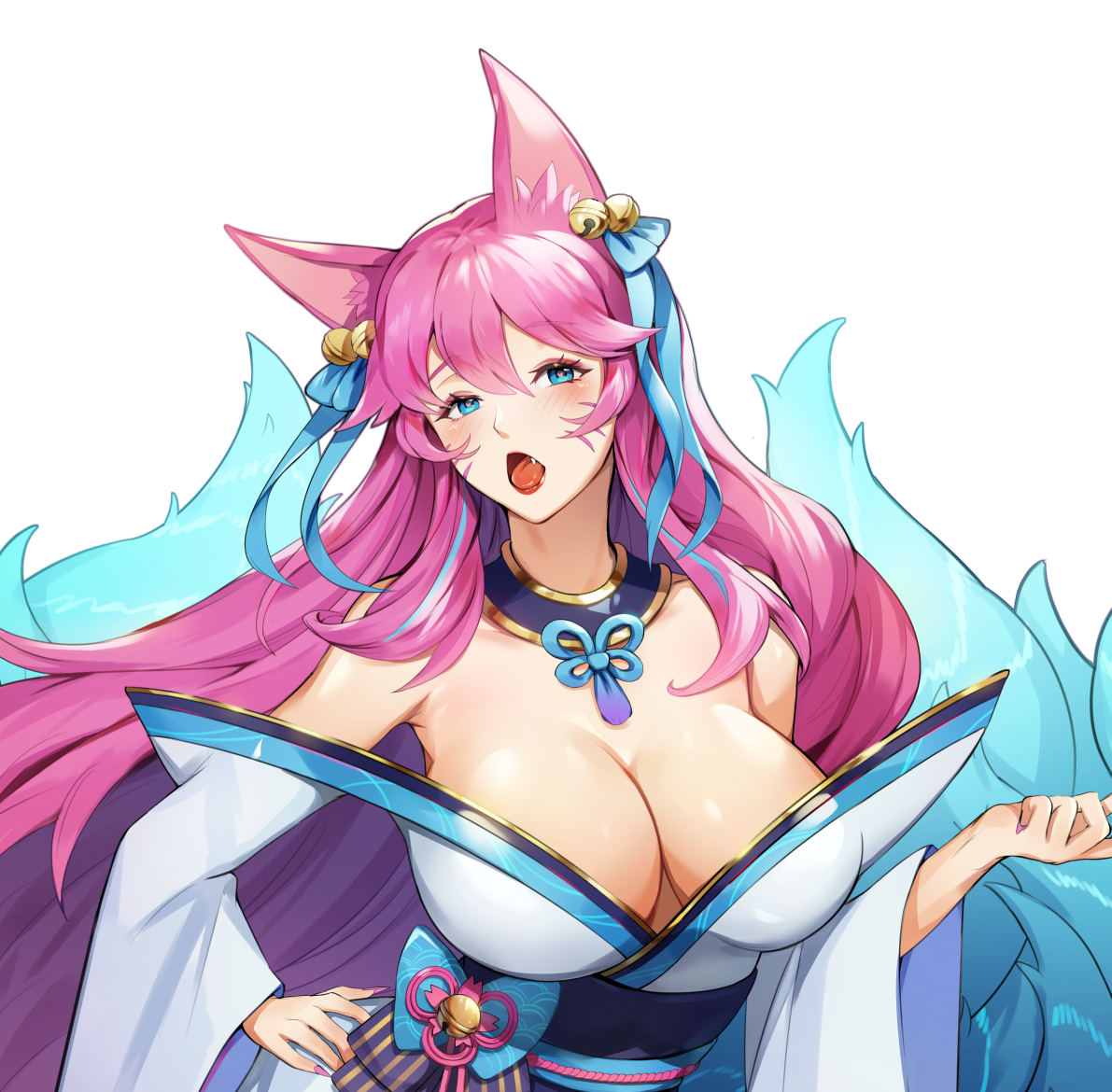 ahri, alternate costume, alternate hair color, alternate hairstyle, animal ear fluff, animal ears, animal girl, bangs, bell, big breasts, blue eyes, breasts, choker, cleavage, clothing, curvaceous, curves, curvy, curvy body, curvy female, curvy figure, curvy hips, cute fang, eyelashes, eyeliner, eyeshadow, facial markings, female, fluffy, fluffy ears, fluffy tail, fluffy tails, fox, fox ears, fox girl, fox tail, furry tail, hair ornament, hair ribbon, heart-shaped pupils, hourglass figure, huge breasts, humanoid, inner ear fluff, japanese clothes, kemonomimi, kimono, kitsune, laon sz, large breasts, league of legends, light skin, light-skinned female, long hair, massive breasts, multi tail, nine tailed fox, oerba yun fang, open mouth, pale skin, pale-skinned female, pink hair, riot games, robe, simple background, spirit blossom ahri, spirit blossom series, suggestive, suggestive look, suggestive pose, tail, vastaya, video games, voluptuous