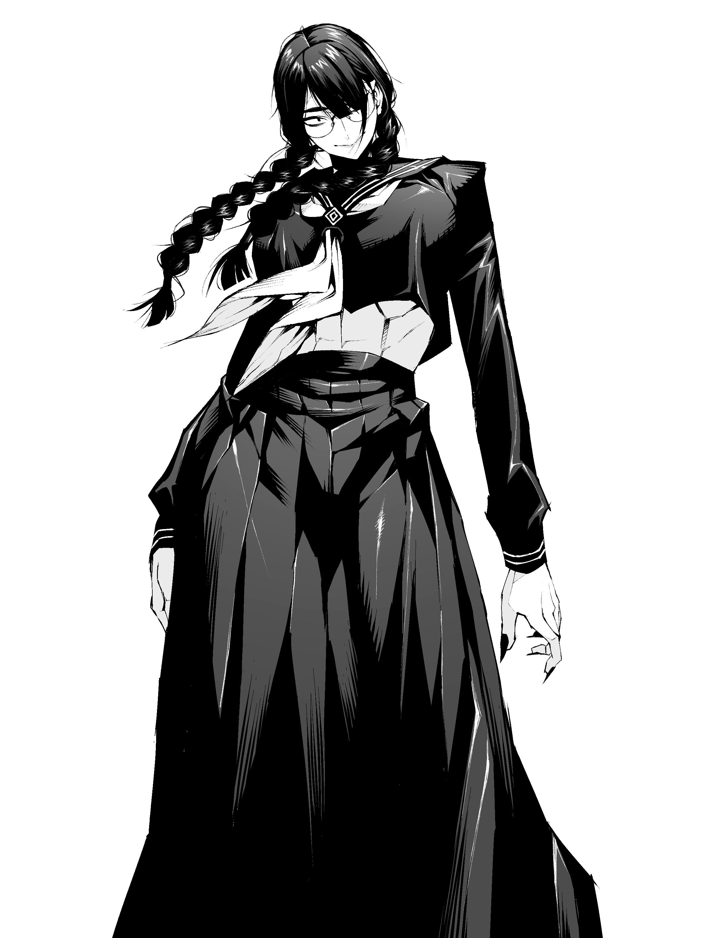 black hair, breasts, female, glasses, large breasts, long hair, midriff, munmun dou, nails, original, original character, school uniform, sharp teeth, skirt, smiling, toned, toned female, twin braids