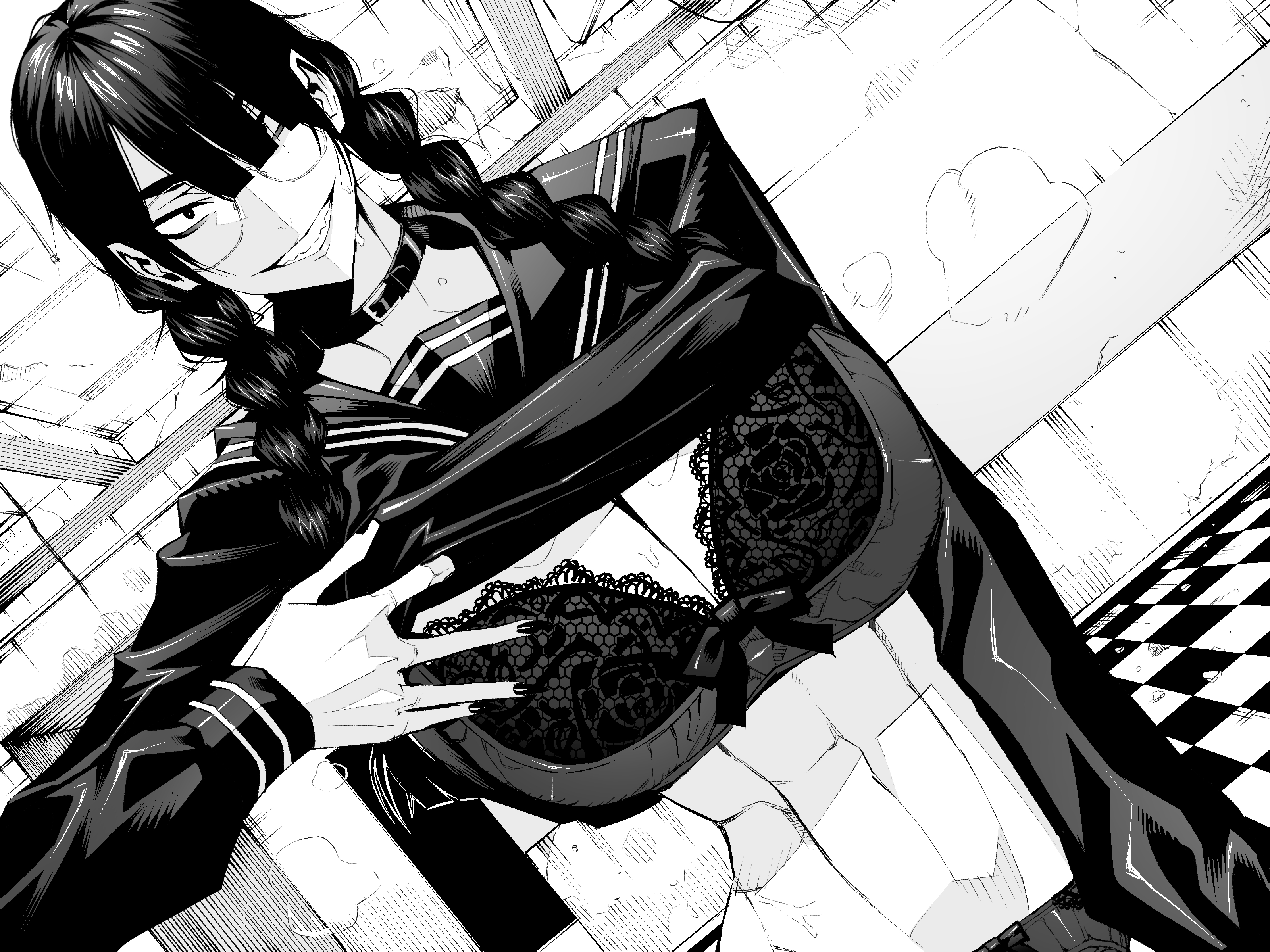 abs, black hair, breasts, choker, female, glasses, heavy breathing, jojo reference, large breasts, long hair, munmun dou, nails, original, original character, pulled by self, school uniform, seductive smile, sharp teeth, smiling, suggestive, toned, toned female, twin braids