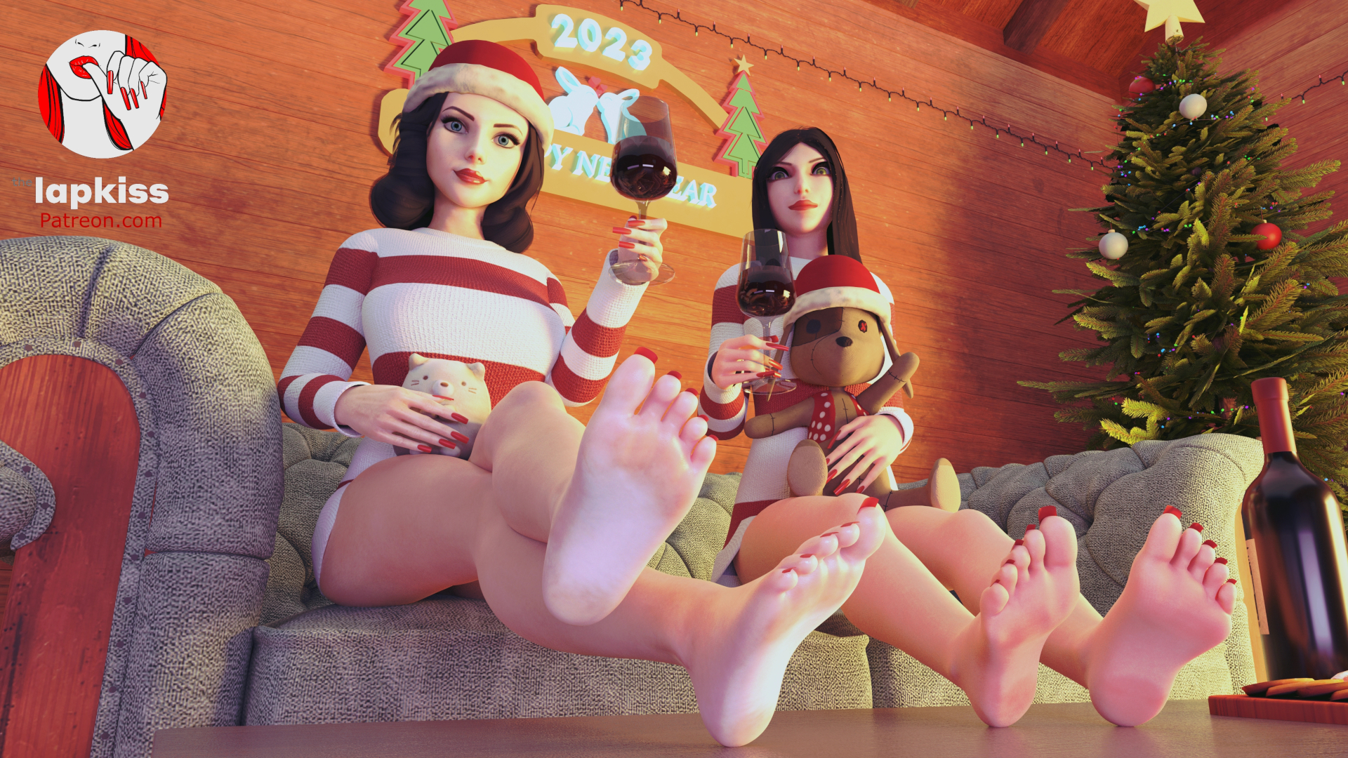 2020s, 2023, 2girls, 3d, abs, alice (madness returns), alice in wonderland, alice liddell, alice madness returns, american mcgee's alice, areolae, armpits, arms up, artist logo, artist name, big breasts, bioshock, bioshock infinite, black hair, braid, breasts, brown eyes, brown hair, burial at sea, christmas tree, elbow gloves, elizabeth comstock, elizabeth comstock (burial at sea), exposed feet, female, female only, fishnet legwear, fishnet stockings, foot fetish, foot focus, green eyes, long black hair, long fingernails, long hair, long toenails, looking down at viewer, makeup, muscle tone, muscles, navel, new year, nipples, patreon, santa hat, self upload, sitting on couch, stockings, tagme, teddy bear, the lapkiss, toned, toned female, wine bottle, wine glass