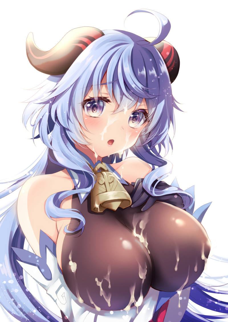 1girls ahoge bare_shoulders bell black_gloves blue_hair blush breasts covered_nipples cum cum_on_body cum_on_breasts cum_on_clothes detached_sleeves facial female ganyu_(genshin_impact) geko genshin_impact gloves goat_horns hand_on_own_chest horns huge_breasts long_hair looking_at_viewer neck_bell open_mouth purple_eyes sidelocks skindentation solo upper_body white_sleeves