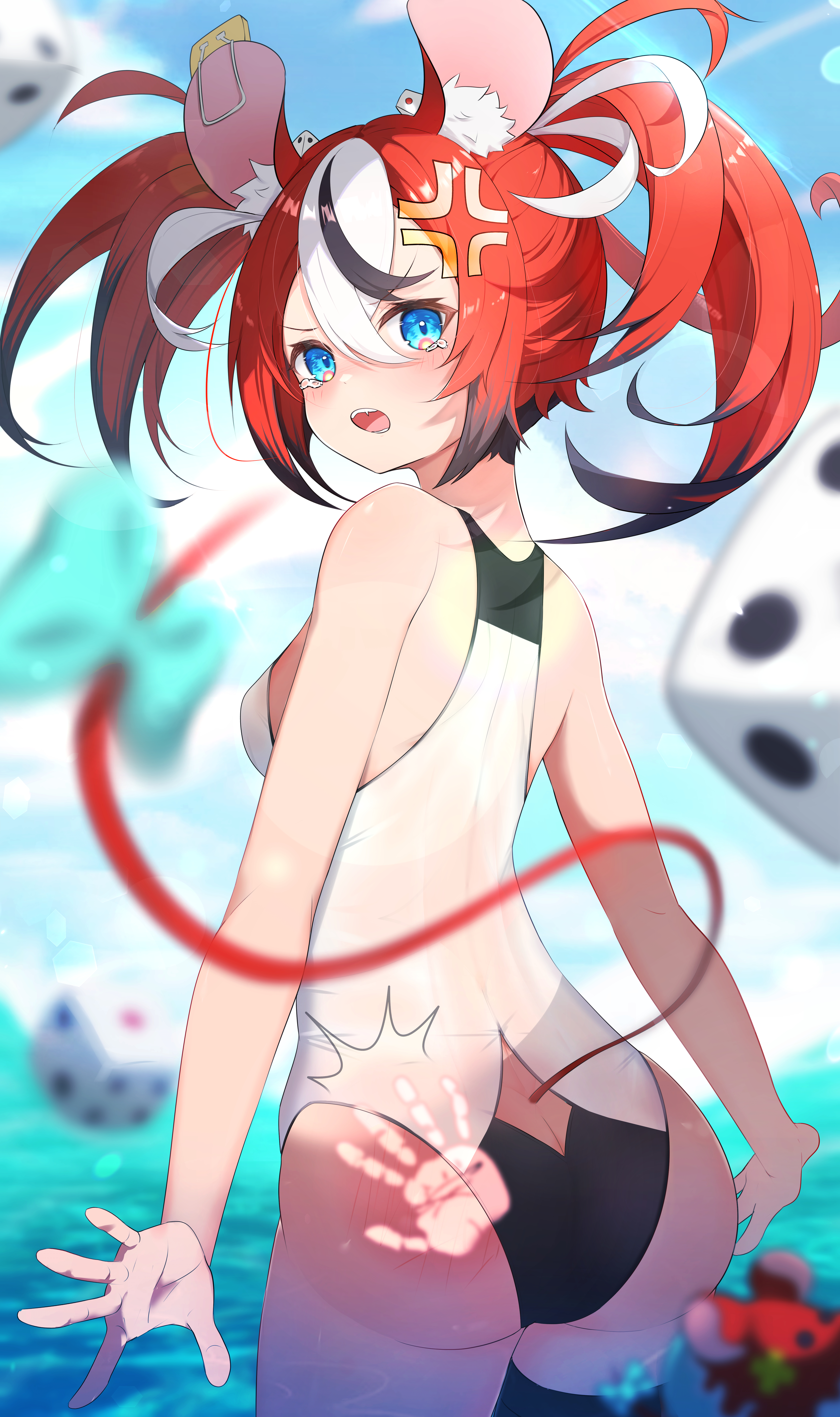 1girls, 2d, 2d (artwork), absurd res, animal ears, animal tail, ass, back view, bangs, black hair, blue eyes, breasts, bubble ass, bubble butt, dice hair ornament, female, female focus, female only, hakos baelz, hololive, hololive english, hololive english -council-, hololive english -promise-, looking at viewer, looking back, one-piece swimsuit, open mouth, rat ears, rat girl, rat tail, red hair, sea, sideboob, slap, slap mark, solo, solo female, solo focus, swimsuit, swimwear, tail, three twosix, twintails, two-tone hair, virtual youtuber