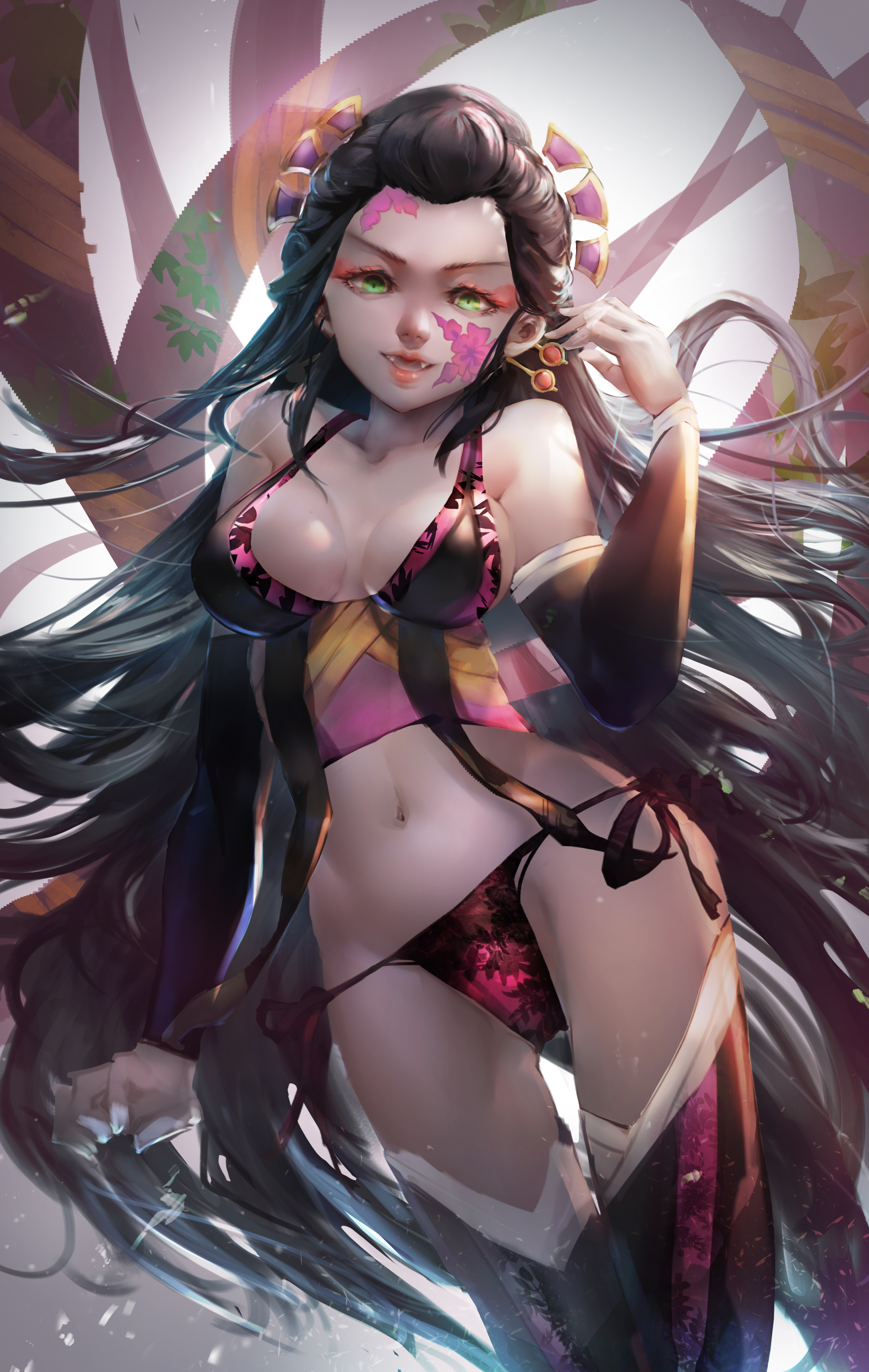 bare shoulders, black hair, breasts, daki (kimetsu no yaiba), demon, demon girl, demon slayer, detached sleeves, detailed, eyeshadow, facial markings, fangs, female, female only, green eyes, hair ornament, kimetsu no yaiba, lingerie, long hair, looking at viewer, medium breasts, meixi baby, mouth open, no sex, obi, painting (artwork), panties, revealing clothes, side-tie panties, smile, solo, thigh gap, thighhighs, very long hair, wide hips