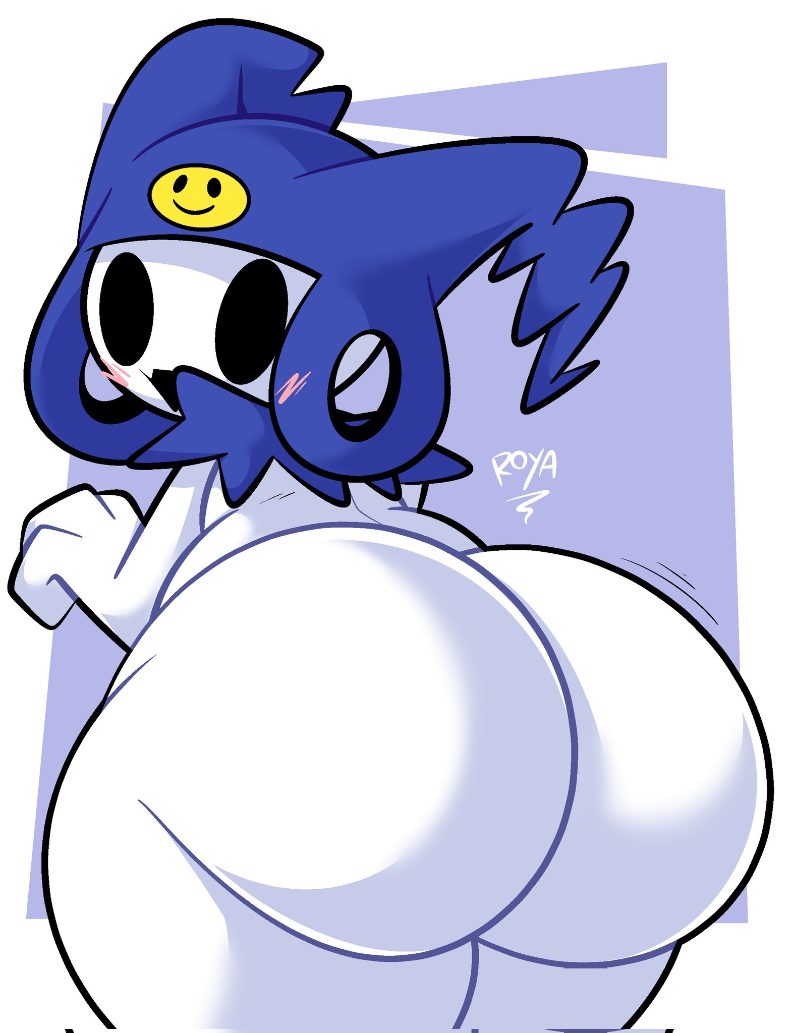 2022, ass, atlus, big ass, big butt, blue hat, clothing, demon, digital media (artwork), ekkokenight, hat, headgear, headwear, hi res, imp, jack frost (megami tensei), looking back, male, male only, megami tensei, open mouth, solo, solo male, thick thighs, video games, white body