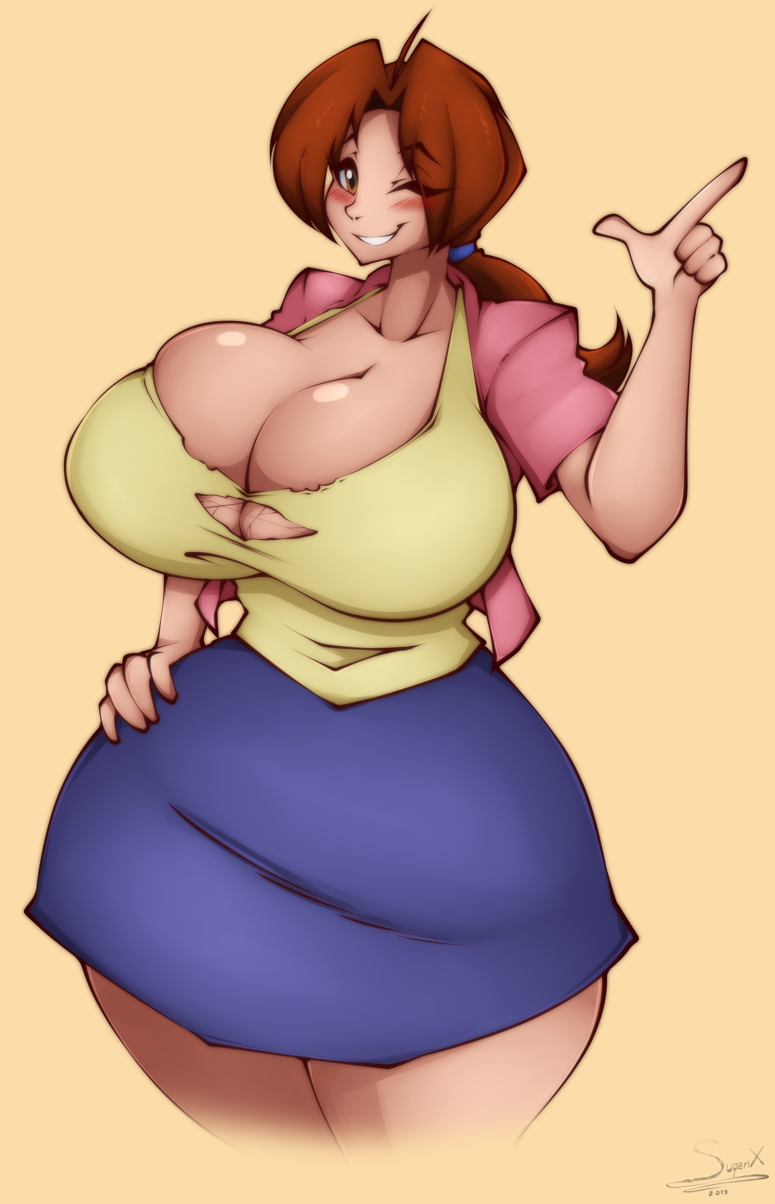 1girls, 2019, abstract background, absurd res, artist name, big breasts, blush, breast squish, breasts, brown eyes, brown hair, busty, cleavage, curvaceous, curvy, curvy body, curvy female, curvy figure, delia ketchum (pokemon), digital drawing (artwork), digital media (artwork), eyelashes, female, female focus, female only, finger gun, fingers, hair tie, hand on hip, hi res, hourglass figure, huge breasts, large breasts, light skin, light-skinned female, looking at viewer, mature female, milf, nintendo, pokemon, signature, simple background, skirt, slim waist, small waist, smile, solo, standing, superix, tan background, tank top, thick thighs, torn clothing, voluptuous, wide hips, wink, winking at viewer