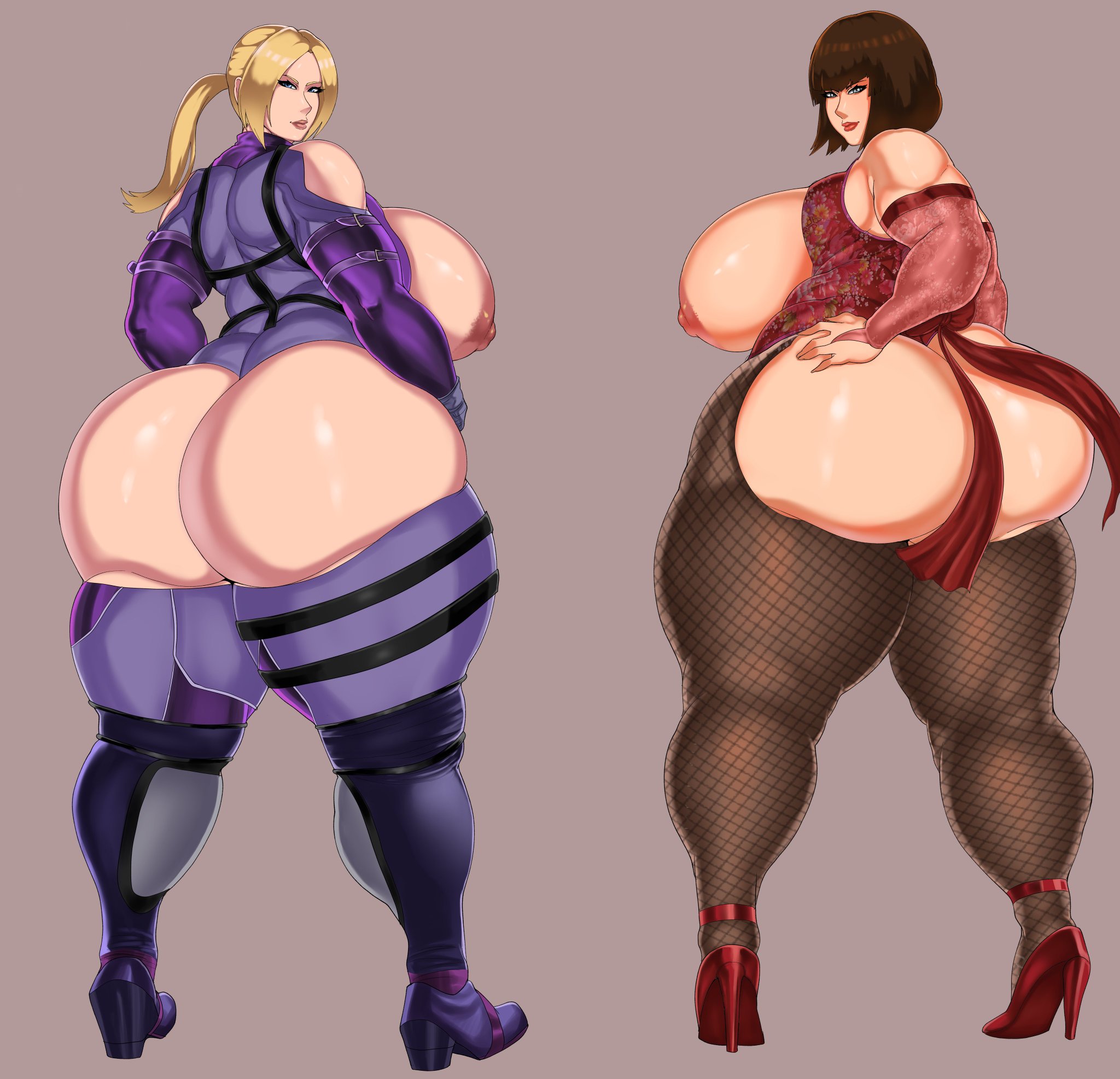 2girls, 9will6, alternate ass size, alternate body type, alternate breast size, anna williams, ass, ass focus, big ass, big breasts, blonde hair, bottomless, breasts, brown hair, curvy, female, female only, fishnet, fishnet legwear, fishnets, hi res, high heels, highres, huge ass, huge breasts, large ass, large breasts, lipstick, looking at viewer, looking back, makeup, multiple females, multiple girls, muscular, muscular female, nina williams, partially clothed, pinup, plump, sisters, tekken, thick thighs, thighhighs, venus body, voluptuous
