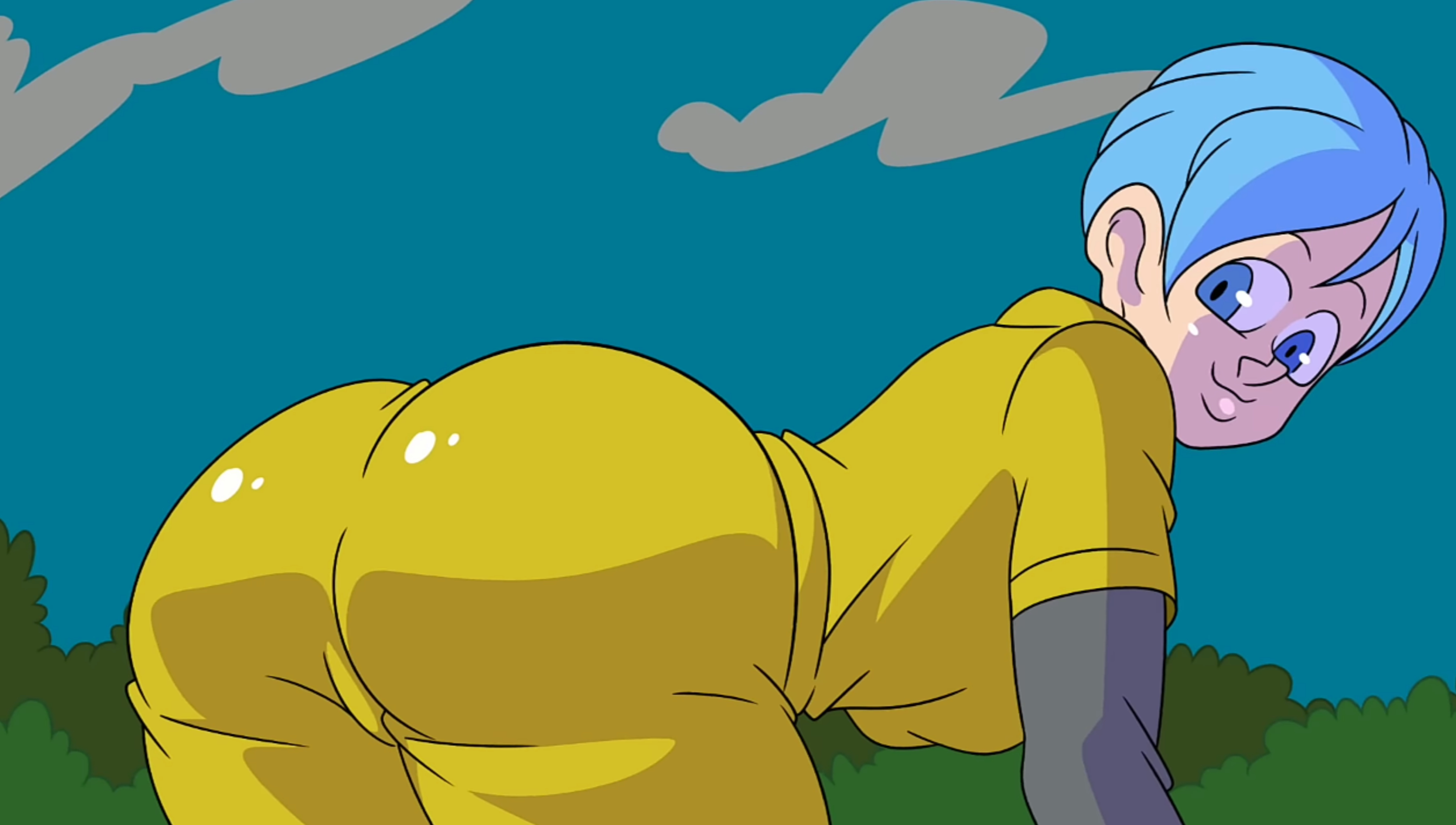 1girls, ass, big ass, big butt, blue hair, bulma briefs, bulma briefs (dragon ball super superhero), dragon ball, dragon ball super super hero, female, jumpsuit, kishinpain, looking at viewer, looking back, tagme