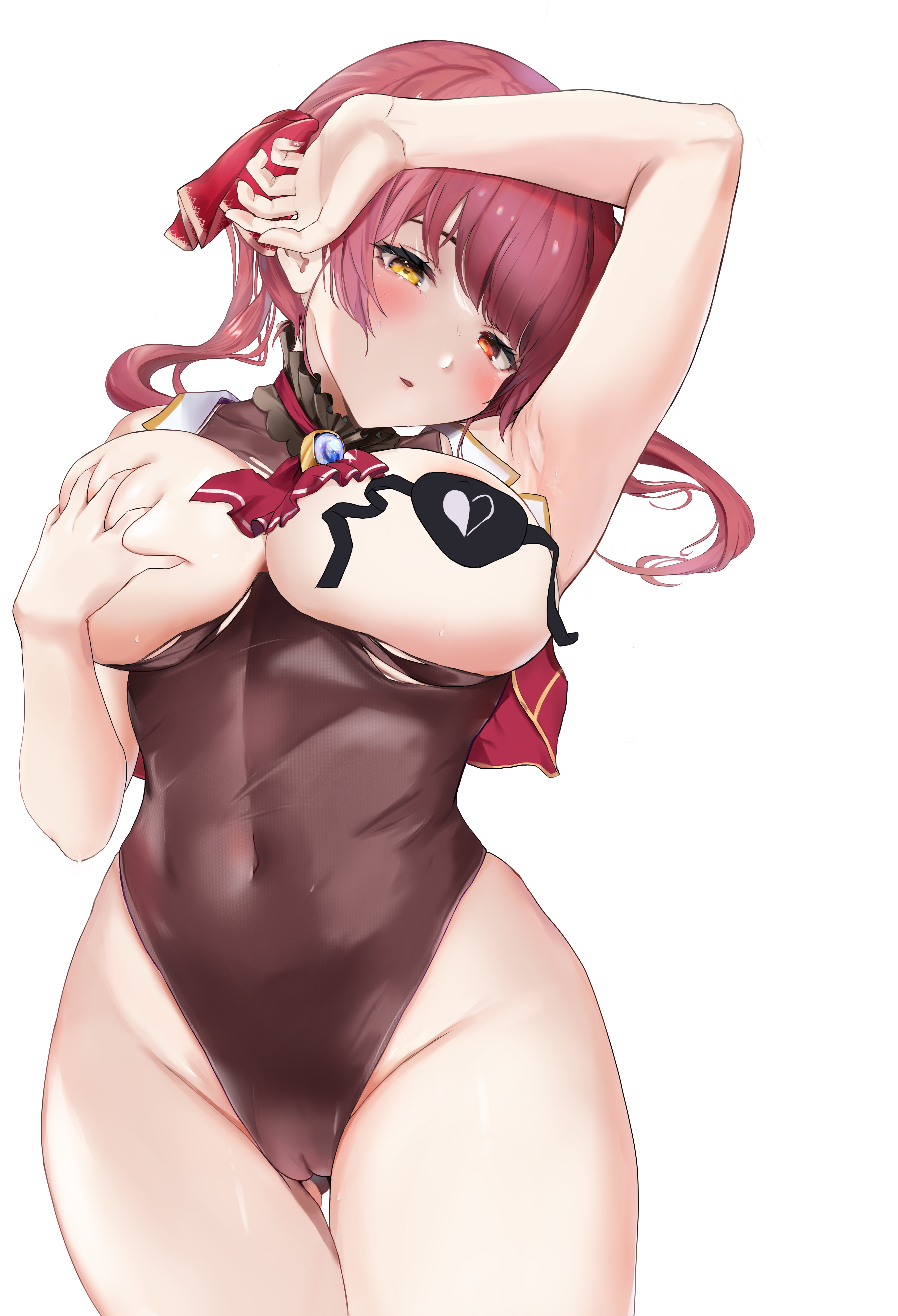 absurdres, ajirou, armpits, bow, breasts, cameltoe, cleavage, cleft of venus, convenient censoring, covering, covering breasts, female, gluteal fold, hair ribbon, heterochromia, highres, hololive, hololive fantasy, hololive japan, houshou marine, large breasts, leotard, pussy, red bow, red eyes, red hair, ribbon, simple background, skindentation, solo, twintails, virtual youtuber, yellow eyes