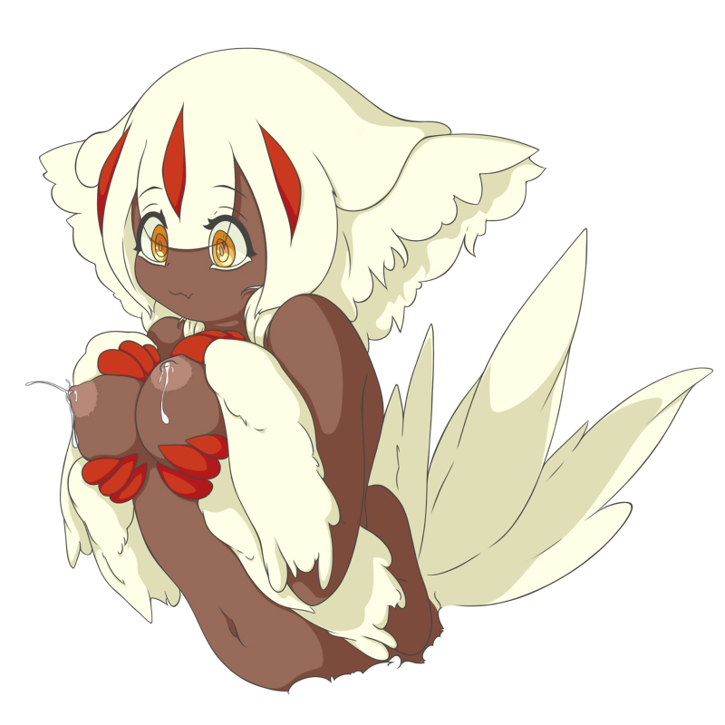 :3, 3 fingers, 4 arms, alternate version available, anthro, breast hold, breasts, claws, dark skin, dark-skinned female, faputa, female, female only, fluffy, fluffy ears, fur, holding breast, lactation, looking down, made in abyss, medium breasts, monster girl, multi arm, multi limb, multi tail, narehate, nude, raspberyl (artist), self fondle, sharp claws, short hair, smile, solo, tail, upper body, white fur, white hair, yellow eyes