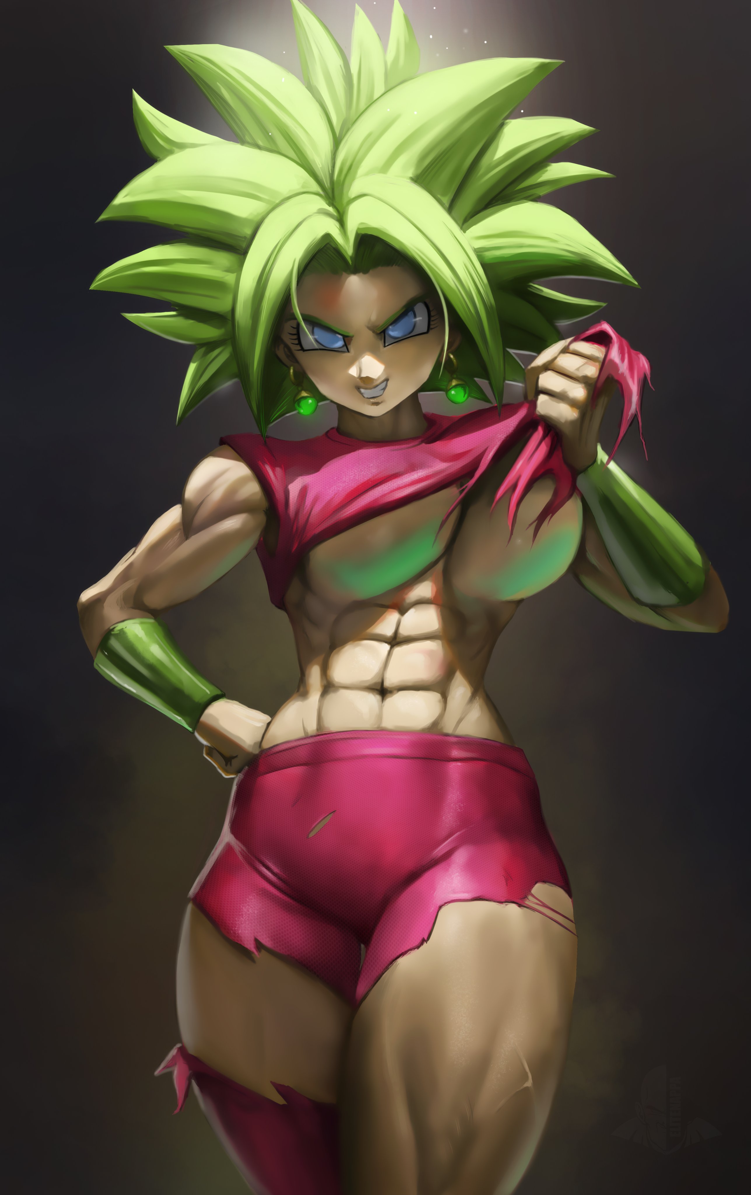 1girls, abs, armband, big breasts, blue eyes, breasts, busty, dragon ball, dragon ball super, ear piercing, earrings, elitenappa, female, female only, female saiyan, fusion, green hair, huge breasts, kefla, legendary super saiyan, looking at viewer, muscular, muscular female, piercing, saiyan, smile, solo, super saiyan, super saiyan 2, thick thighs, tomboy, torn clothes, torn clothing, underboob, wide hips