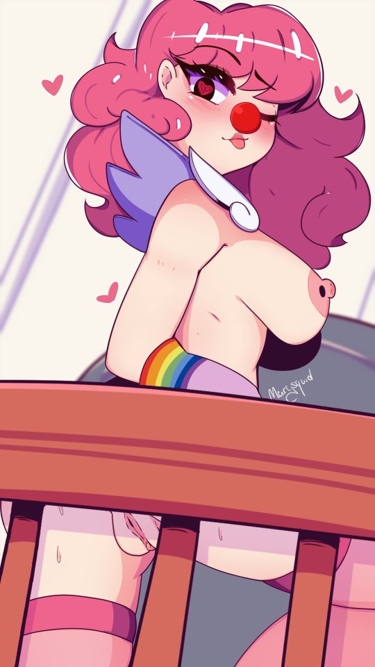 1girls, areolae, ass, breasts, clown, clown girl, clussy, female, female only, geiru toneido, gyakuten saiban, heart eyes, marysquid, nipples, pink hair, pussy, solo, sweat