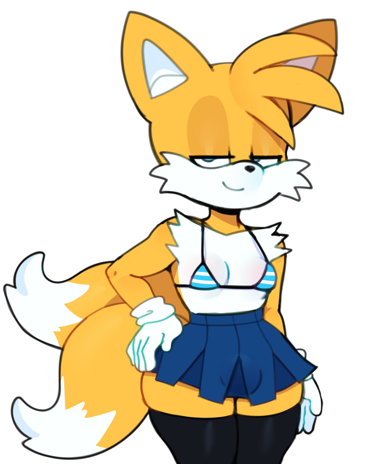 1boy, anthro, bedroom eyes, blue eyes, bra, bulge, female, femboy, femboy fox, feminine male, feminine tails, fox, gloves, half-closed eyes, hand on hip, looking at viewer, male, male only, miles prower, miniskirt, penis, penis under skirt, sega, skirt, smile, solo, somescrub, sonic (series), sonic the hedgehog (series), tails, tails the fox, tailsko, thighhighs