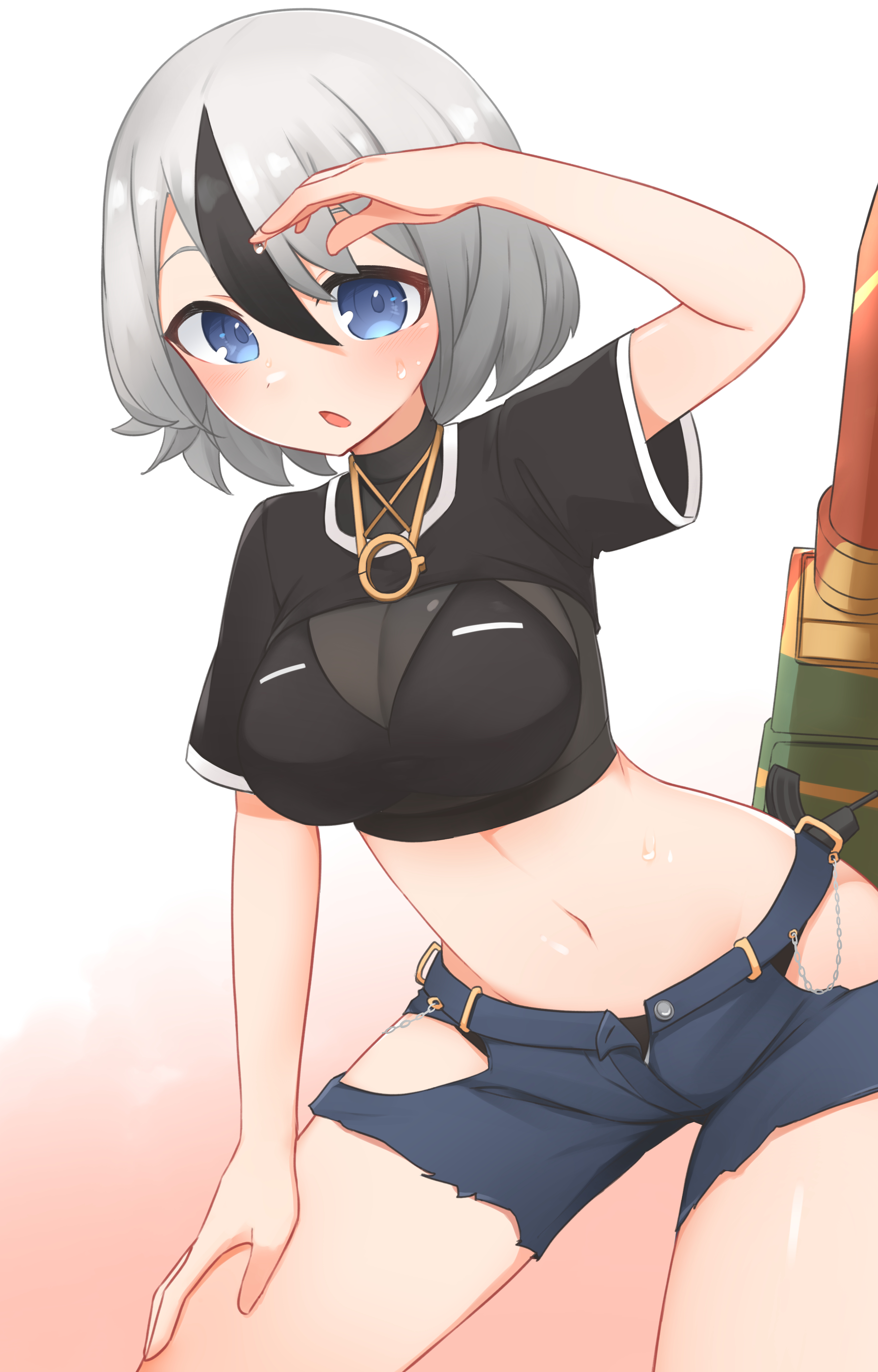 1girls, blue eyes, breasts, breda 501, breda 501 (daebom), daebom, female, female only, hand on thigh, italian, light skin, light-skinned female, looking at viewer, medium breasts, navel, necklace, personification, ripped clothing, shiny skin, short hair, shorts, silver hair, simple background, solo, sweat, torn shorts, war thunder
