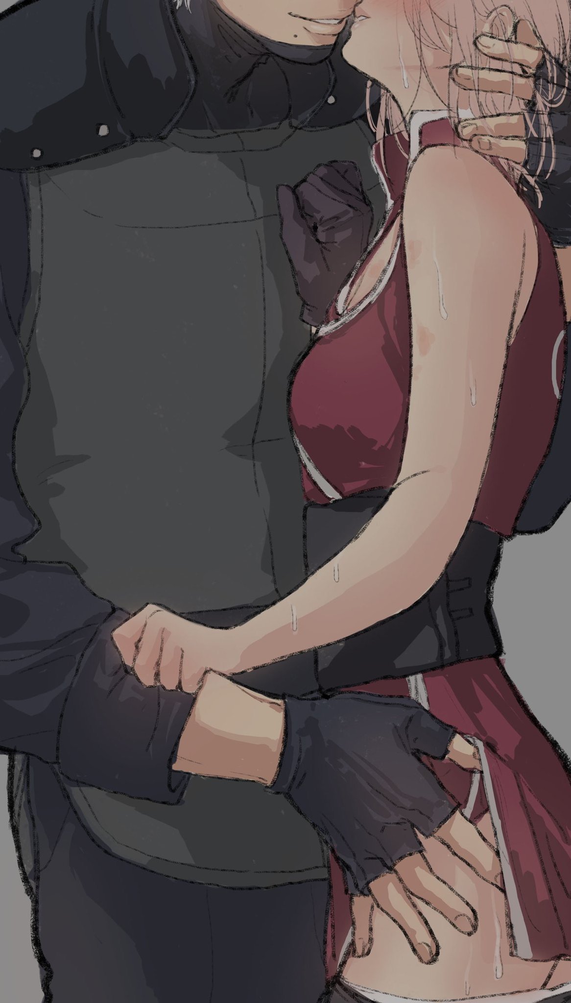 1boy, 1girls, adult, age difference, ass, ass grab, bike shorts, clothes lift, clothing, female, fingerless gloves, gloves, hand in hair, hand on hip, hatake kakashi, head out of frame, imminent kiss, kimono, kiss, kunoichi, male, male/female, mole, mole under mouth, naruto, naruto (series), naruto: the last, ninja, nnnovvvammm, older male, out of frame, panties, panties down, pants down, pink hair, romantic, romantic couple, sakura haruno, sensual, shorts, shorts down, silver hair, straight, suggestive, sweat, sweatdrop, teacher and student, teenager, underwear, underwear down, unmasked, younger female