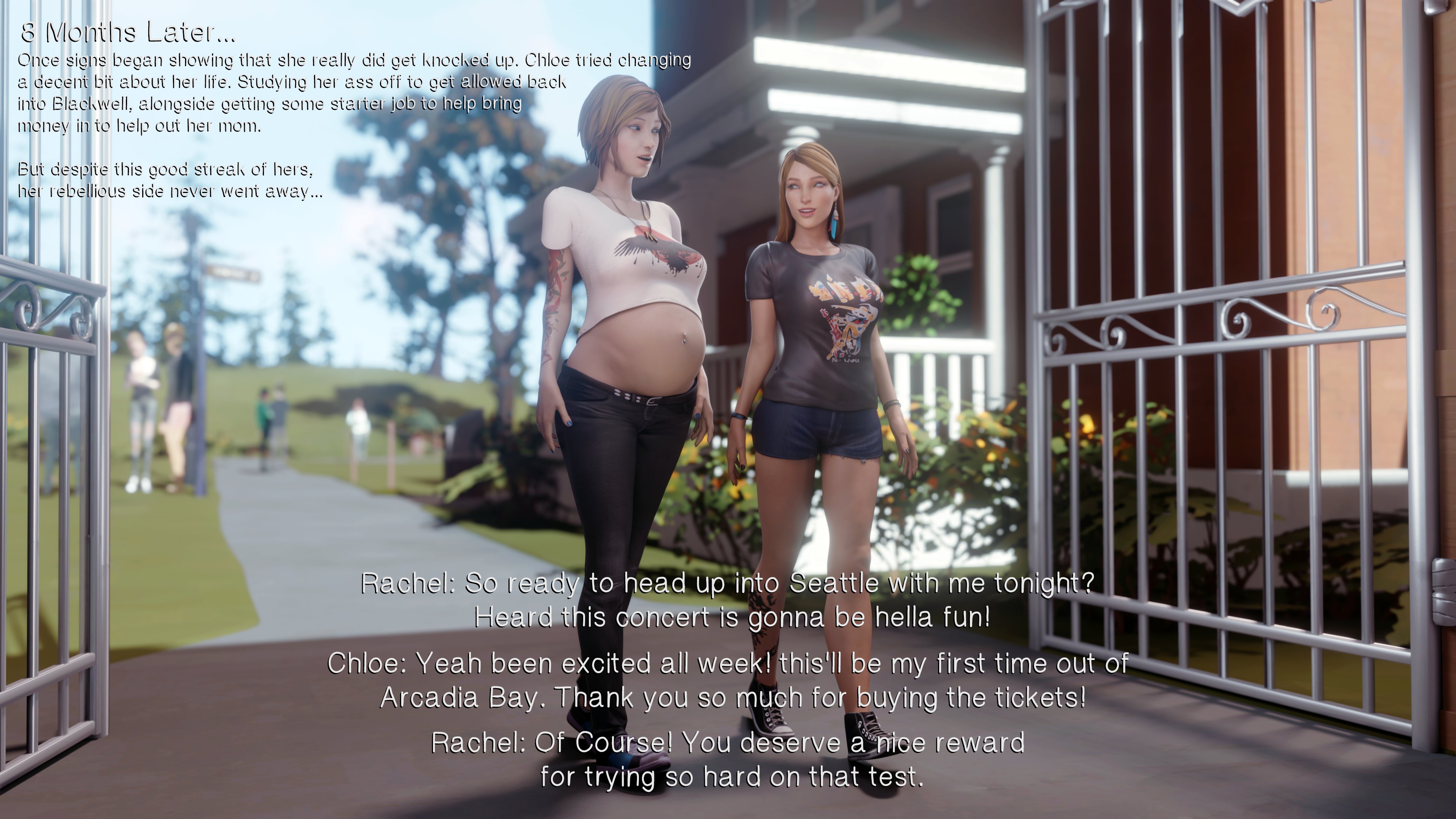 2girls, 3d, chloe price, dinoboy555, english text, female, female only, huge belly, life is strange, navel piercing, piercing, pregnant, rachel amber, ready to pop, text