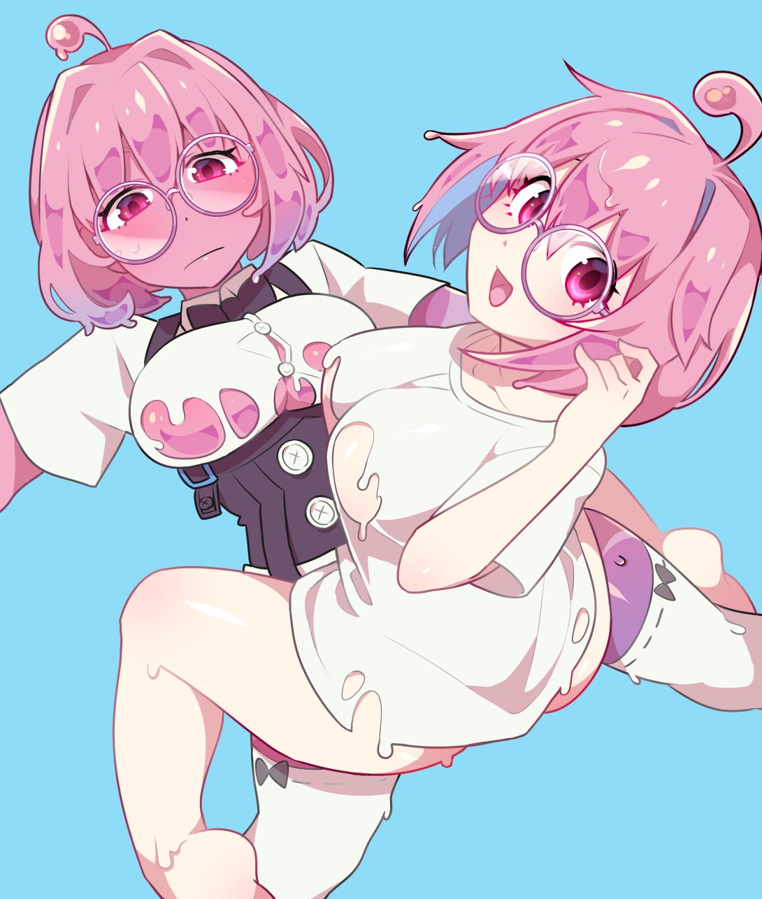 blue_background dripping frown glasses highres leggings looking_at_viewer matching_hair/eyes medium_breasts melting_clothes pink_eyes pink_hair pink_skin sae_(vtuber) selfcest slime_clothing slime_girl slime_hair smile underboob virtual_youtuber