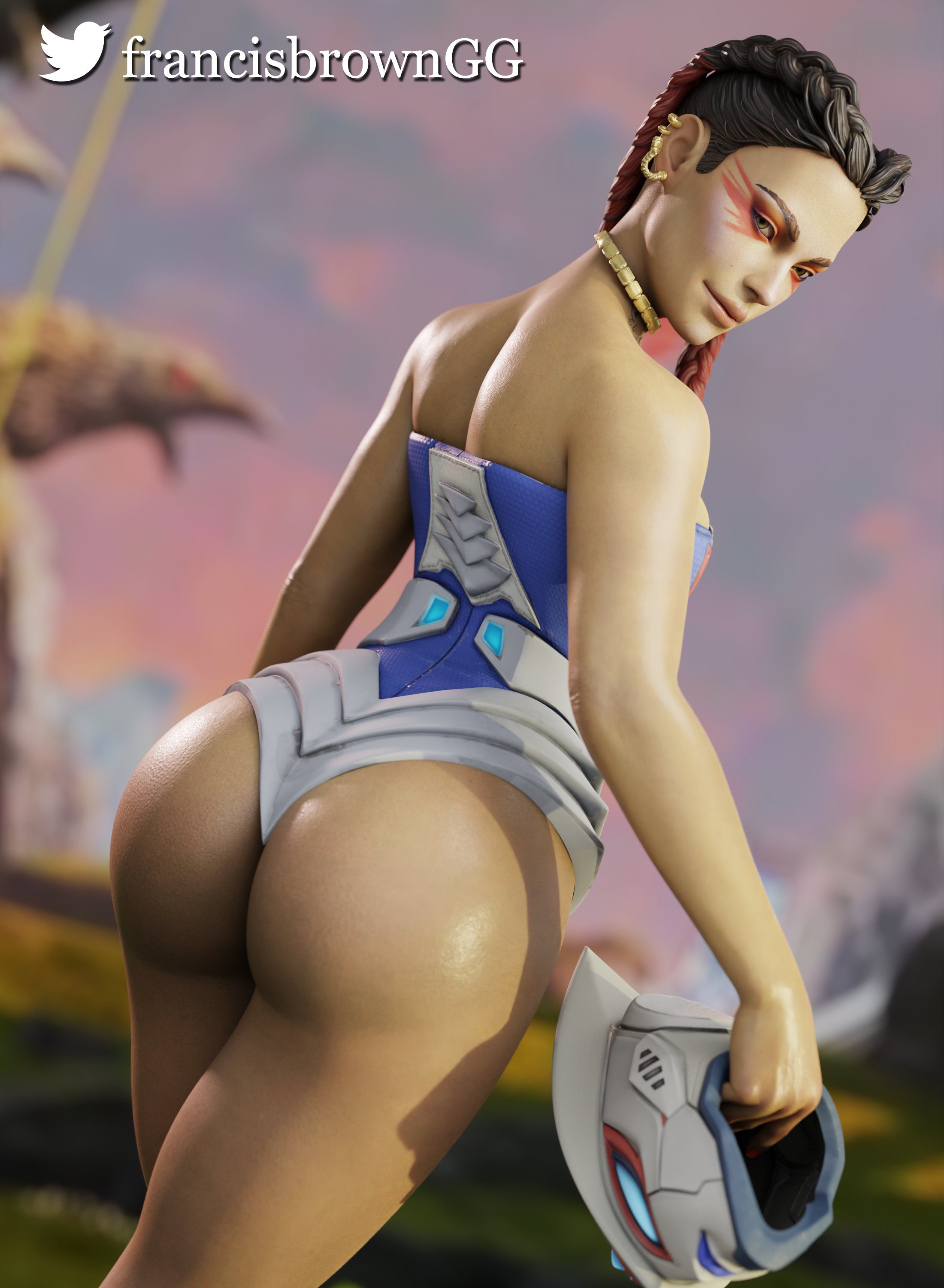 apex legends, ass, big ass, braided hair, braided twintails, dark skin, dark-skinned female, female, francis brown, loba (apex legends), respawn entertainment, two-tone hair