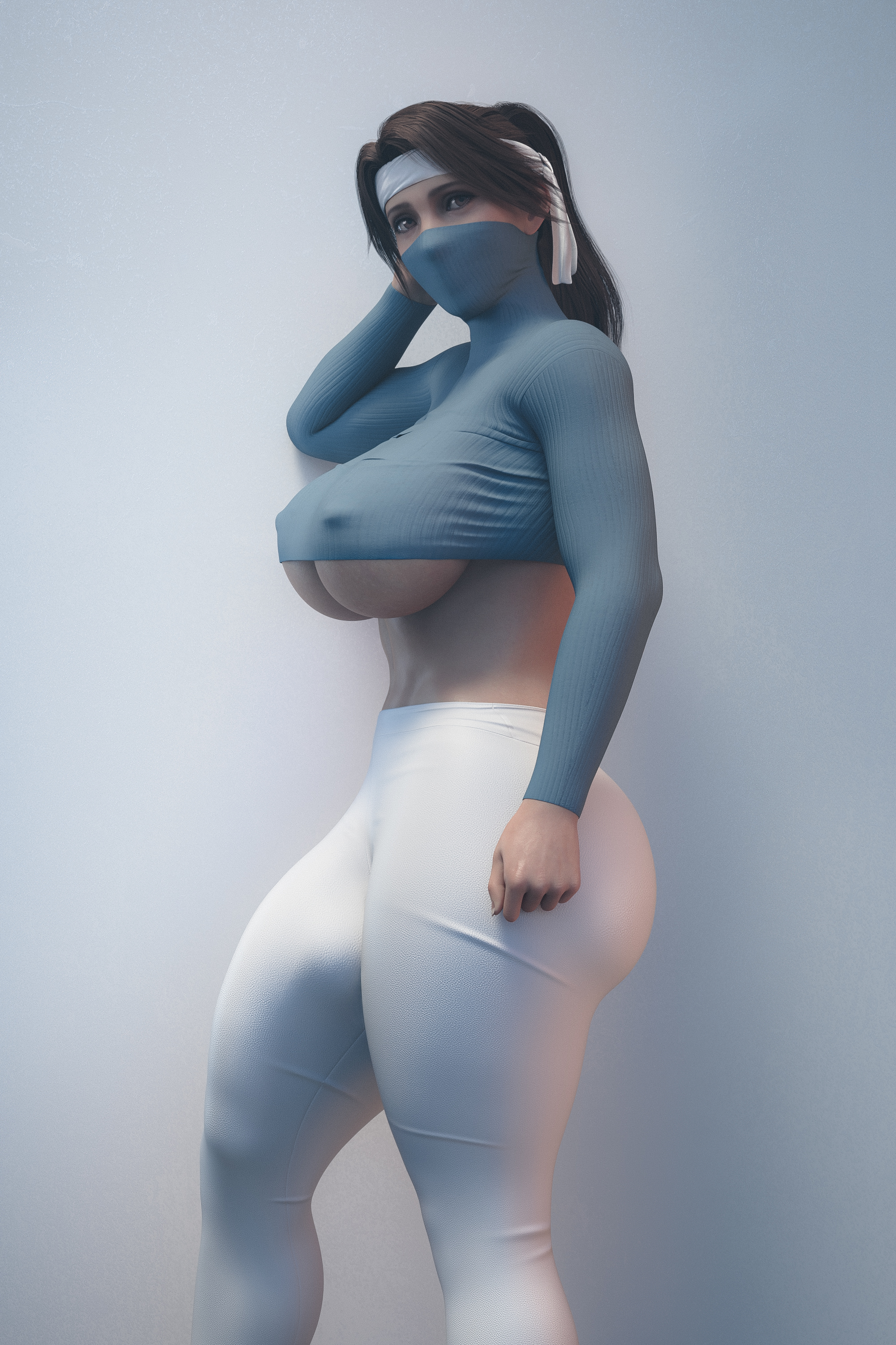 1futa, 3d, breasts, bulge, bulge down leg, cameltail, erection, erection under clothes, final fantasy, final fantasy vii, futa only, futanari, huge breasts, huge cock, implied futa, intersex, jessie rasberry, leggings, penis, penis under clothes, solo, stevencarson
