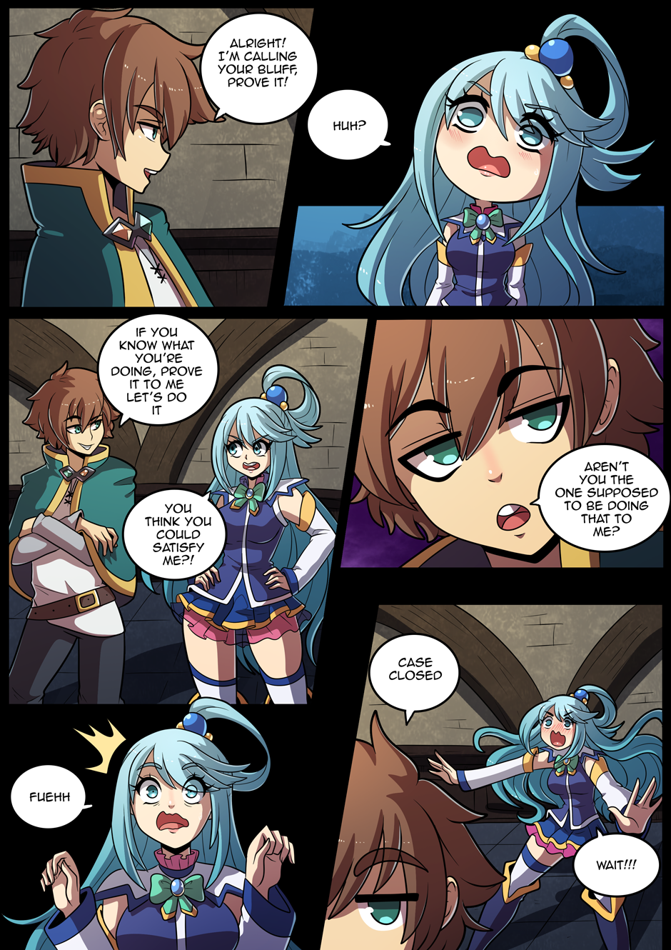 1boy, 1girls, aqua (konosuba), comic, female, fit, fit female, kinkymation, kono subarashii sekai ni shukufuku wo!, light skin, light-skinned female, male, satou kazuma, tagme, thick thighs, thighhighs