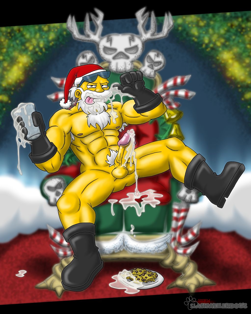 beard bonestorm_santa boots candy_cane christmas cookies cum cup cup_of_cum excessive_cum first_porn_of_character gloves hat male_only pubic_hair santa_costume santa_hat slashweilerdog solo_male sunglasses sunglasses_on_head the_simpsons throne