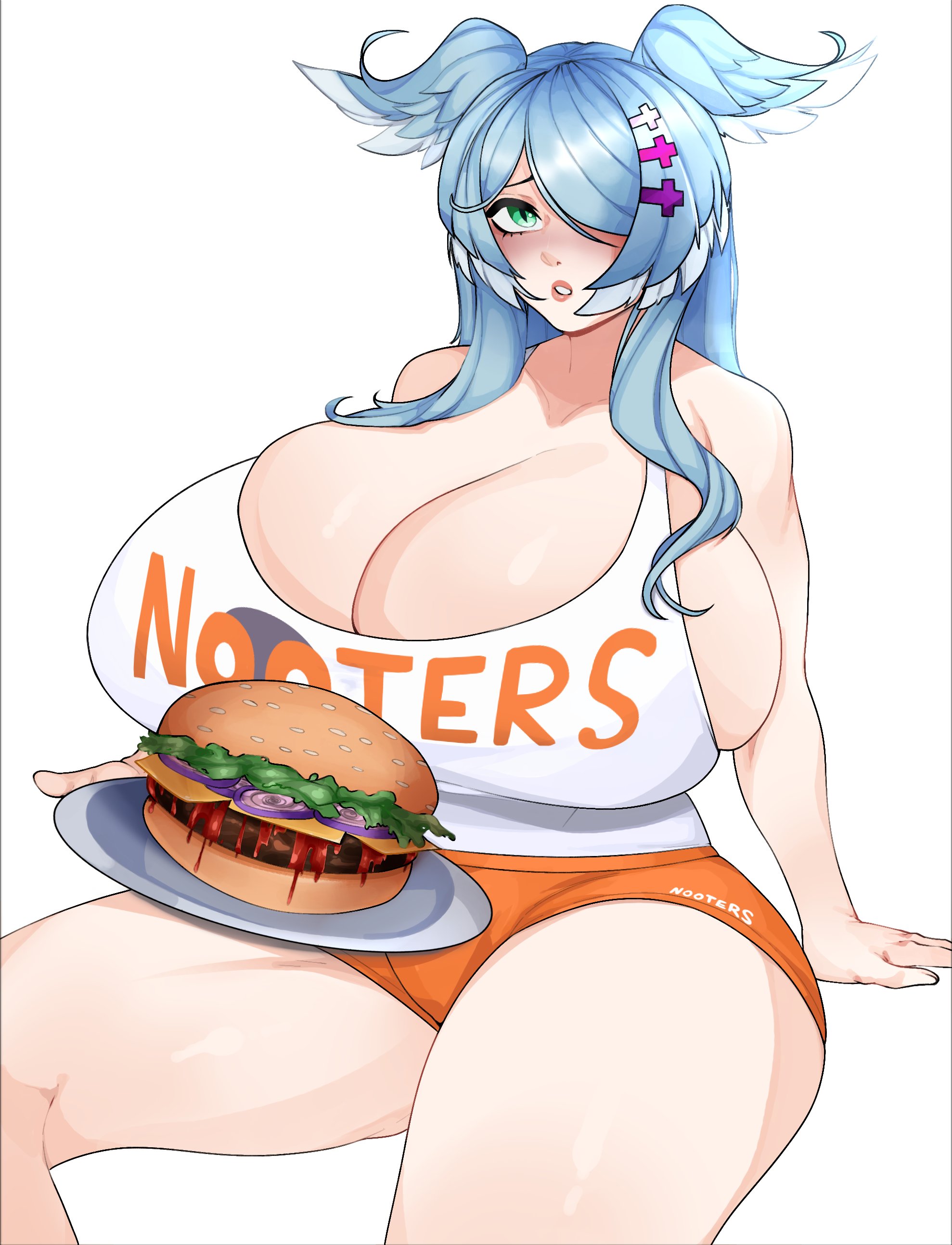 1girls, 2022, big breasts, blue hair, breasts, cleavage, curvaceous, curvy, elira pendora, female, female focus, green eyes, hair over one eye, hooters, huge breasts, large breasts, looking at viewer, nijisanji, nijisanji en, shorts, simple background, sitting, solo, solo female, solo focus, strongmoist, thighs, virtual youtuber, voluptuous, white background