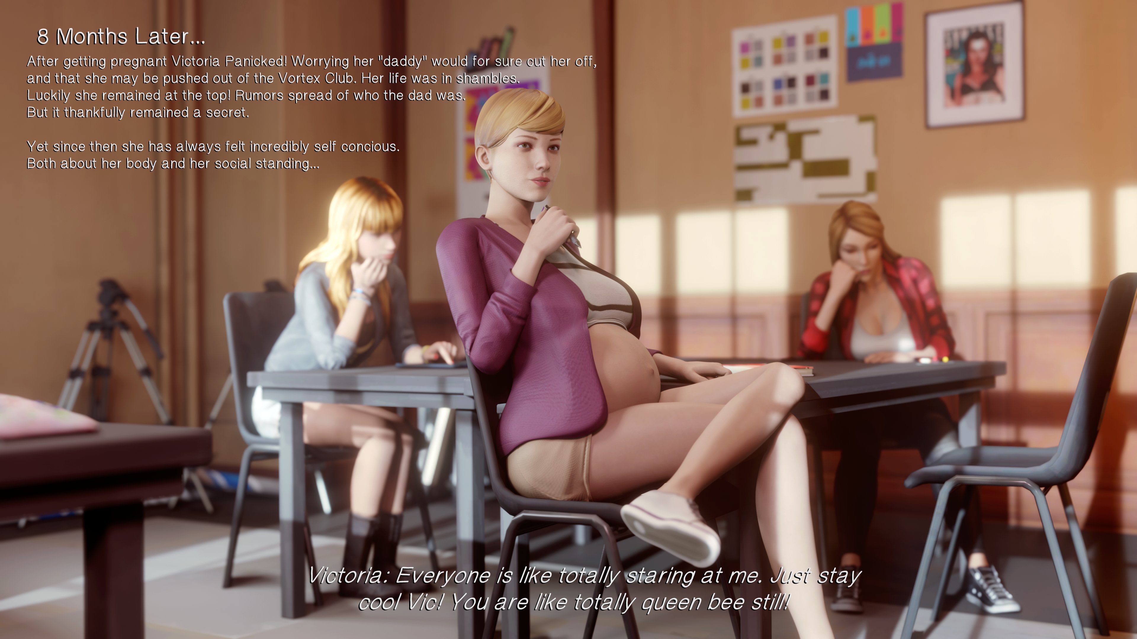3d, 3girls, blonde hair, breasts, classroom, crossed legs, dinoboy555, english text, female, female only, huge belly, human, life is strange, multiple females, multiple girls, pregnant, rachel amber, ready to pop, short hair, sitting, taylor christensen, text, victoria chase