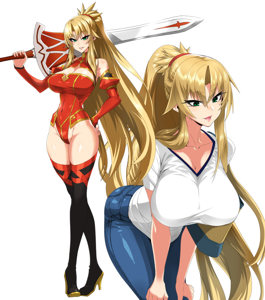 1girls, artist request, blonde hair, breasts, fate (series), fate/apocrypha, fate/grand order, female, female only, green eyes, high heel boots, high heels, huge breasts, large breasts, leotard, light-skinned female, mordred (fate), ponytail, solo, stockings, thighhighs, tight clothing, zhongshan z, 中山ｚ