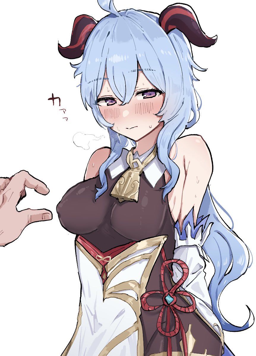 1boy, ahoge, armpit crease, arms behind back, bare shoulders, bell, blue hair, blush, breath, closed mouth, covered nipples, female, ganyu (genshin impact), genshin impact, goat horns, grey background, hair between eyes, horns, kobinbin, light blue hair, long hair, male, neck bell, purple eyes, simple background, solo focus, sweat, very long hair, vision (genshin impact)