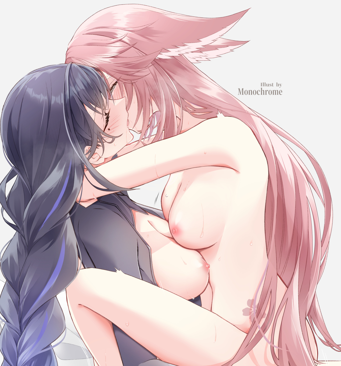 2girls, animal ears, artist name, braid, braided ponytail, breasts, closed eyes, cute, female, female only, fox ears, fox girl, genshin impact, girls kissing, highres, kiss, kissing, large breasts, long hair, married couple, mole, mole under eye, monokuro (sekahate), multiple females, multiple girls, nipples, nude, open clothes, pink hair, purple hair, raiden shogun, thighs, wholesome, yae miko, yuri
