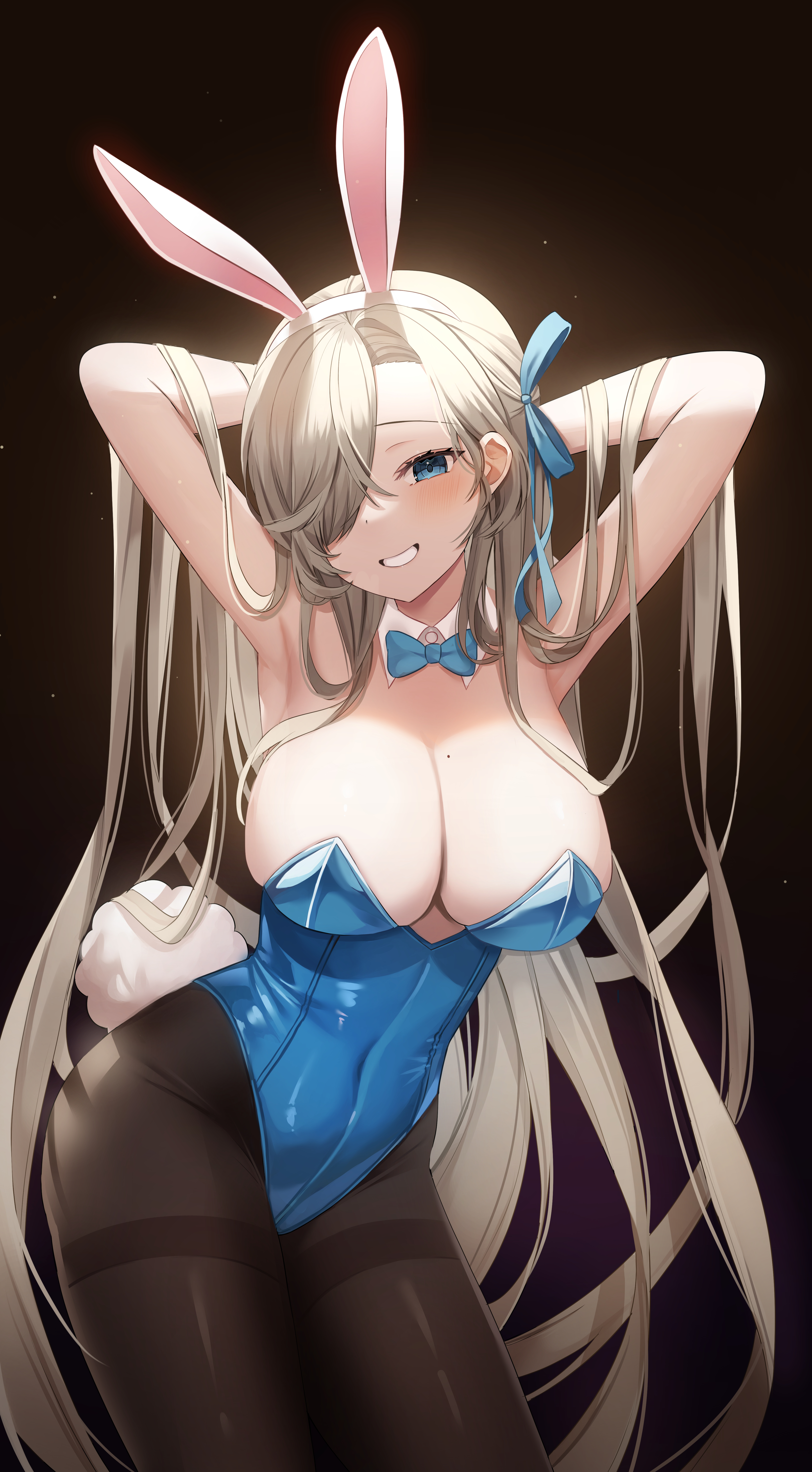 1girls, 2022, asuna (blue archive), asuna (bunny) (blue archive), beauty mark, blonde hair, blue archive, blue eyes, blue leotard, breasts, bunny ears, bunny girl, bunnysuit, cleavage, female, female only, grin, hair over one eye, highleg leotard, hips, huge breasts, leotard, long hair, mole on breast, nannung, slim waist, thick thighs, thighs, very long hair, wide hips