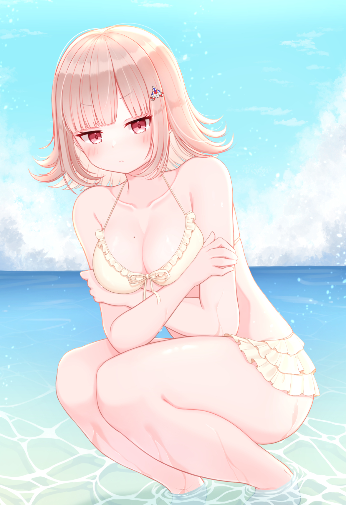 1girls, bikini, bikini bottom, bikini top, blush, blush lines, breasts, danganronpa, danganronpa 2: goodbye despair, danganronpa s: ultimate summer camp, female, female only, large breasts, looking at viewer, mole, mole on breast, nanami chiaki, pink eyes, pink hair, sea, seaside, sky, straight hair, super danganronpa 2, tagme, thick thighs, thighs, water, water drop, ぷに