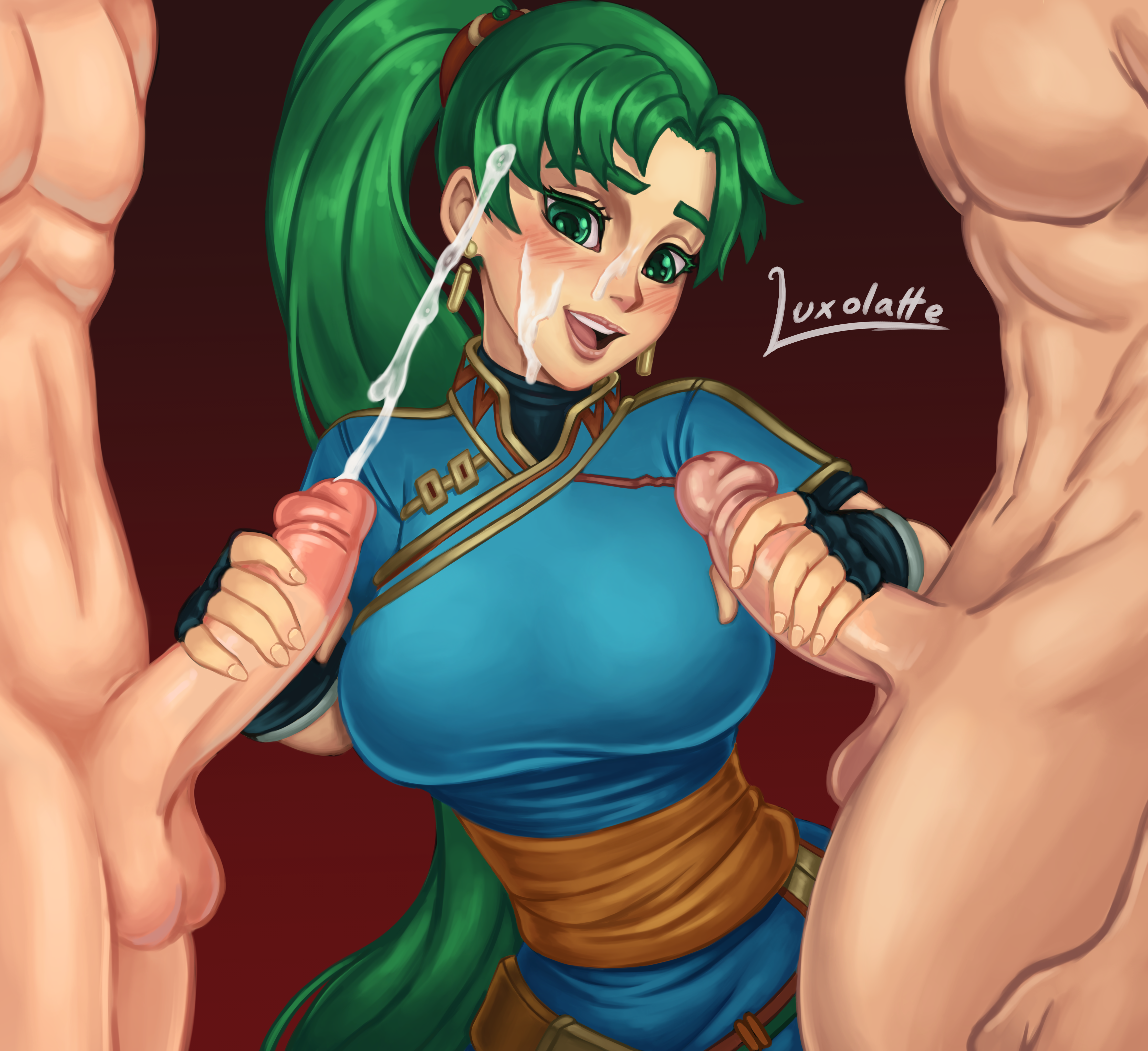 1girls, 2boys, artist name, blush, clothed, cum, cum on face, double handjob, female, fingerless gloves, fire emblem, fire emblem: the blazing blade, gloved handjob, gloves, green eyes, green hair, handjob, light skin, light-skinned female, light-skinned male, long hair, luxolatte, lyn (fire emblem), male, mmf threesome, nintendo, open mouth, ponytail, smile, threesome
