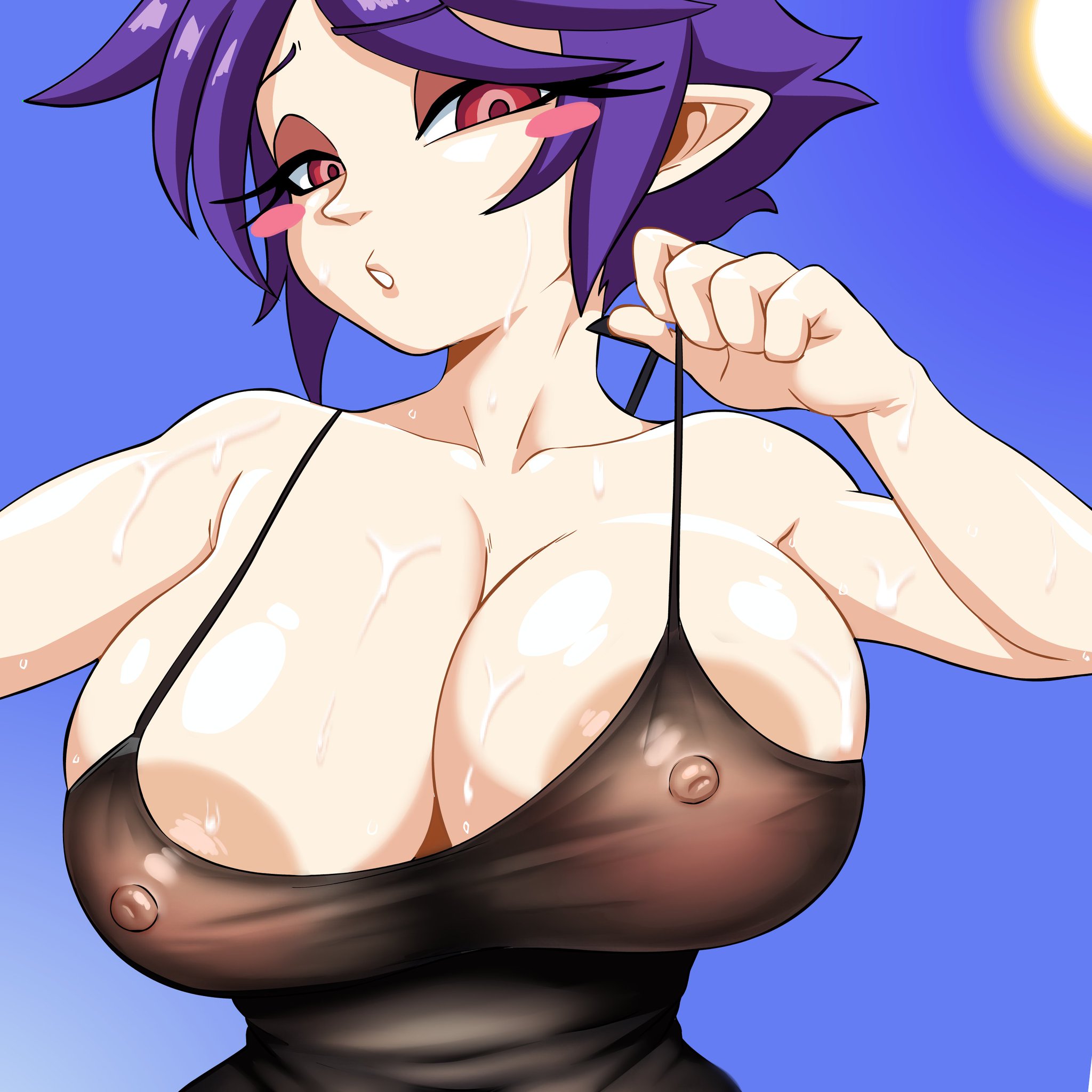 areola slip, areolae, blush, divine wine, las demoniacas desventuras de vampiranhya, nipples visible through clothing, purple hair, red eyes, tank top, vampiranhya, vampiranhya (artist)